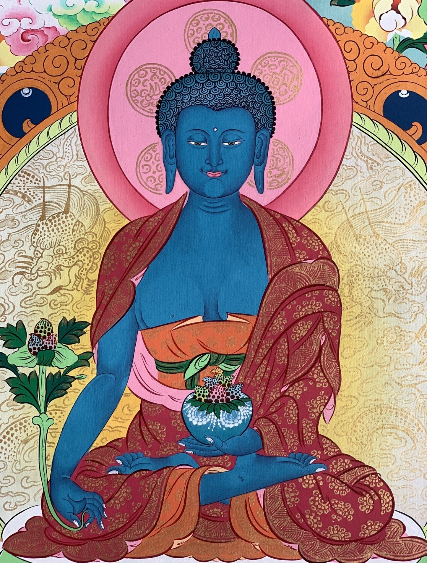 Original Hand Painted Medicine Buddha / Bhaisajyaguru Masterpiece Master Quality Tibetan Thangka / Thanka Painting Compassion Meditation Art - Tibetan Thangka Art