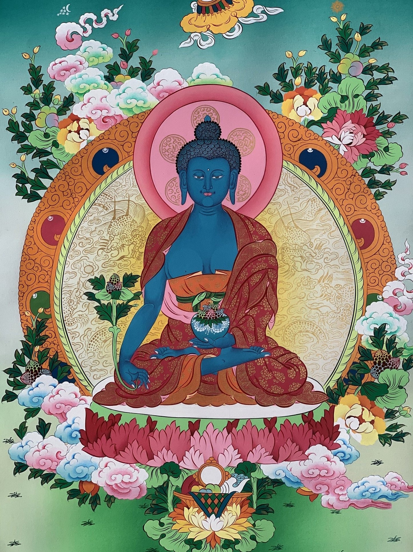 Original Hand Painted Medicine Buddha / Bhaisajyaguru Masterpiece Master Quality Tibetan Thangka / Thanka Painting Compassion Meditation Art - Tibetan Thangka Art
