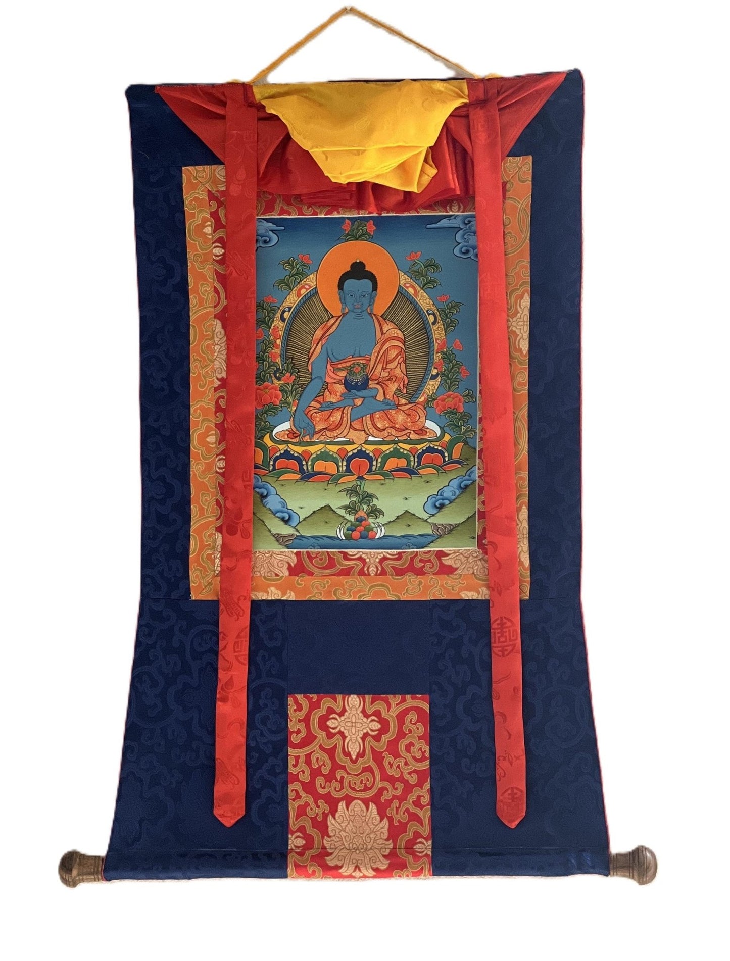 Original Hand - painted Medicine Buddha/ Medicine Master/ Bhaisajyaguru Original Tibetan Thangka Painting/ Wall Hanging with Silk Brocade - Tibetan Thangka Art