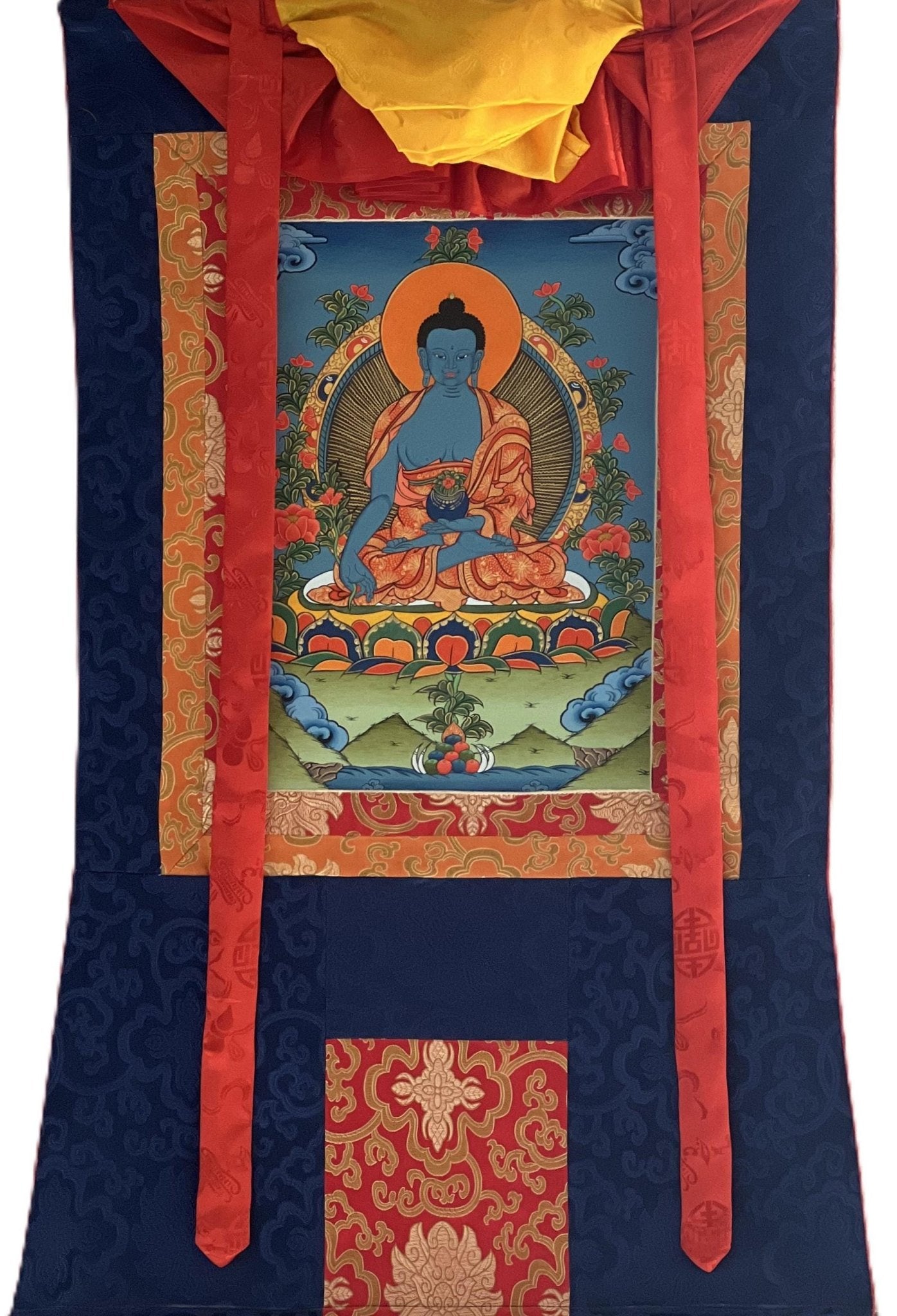 Original Hand - painted Medicine Buddha/ Medicine Master/ Bhaisajyaguru Original Tibetan Thangka Painting/ Wall Hanging with Silk Brocade - Tibetan Thangka Art