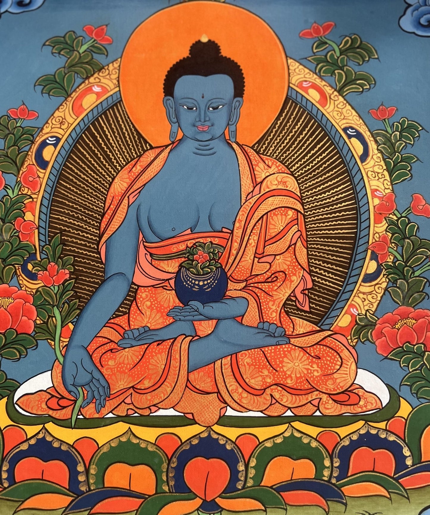Original Hand - painted Medicine Buddha/ Medicine Master/ Bhaisajyaguru Original Tibetan Thangka Painting/ Wall Hanging with Silk Brocade - Tibetan Thangka Art