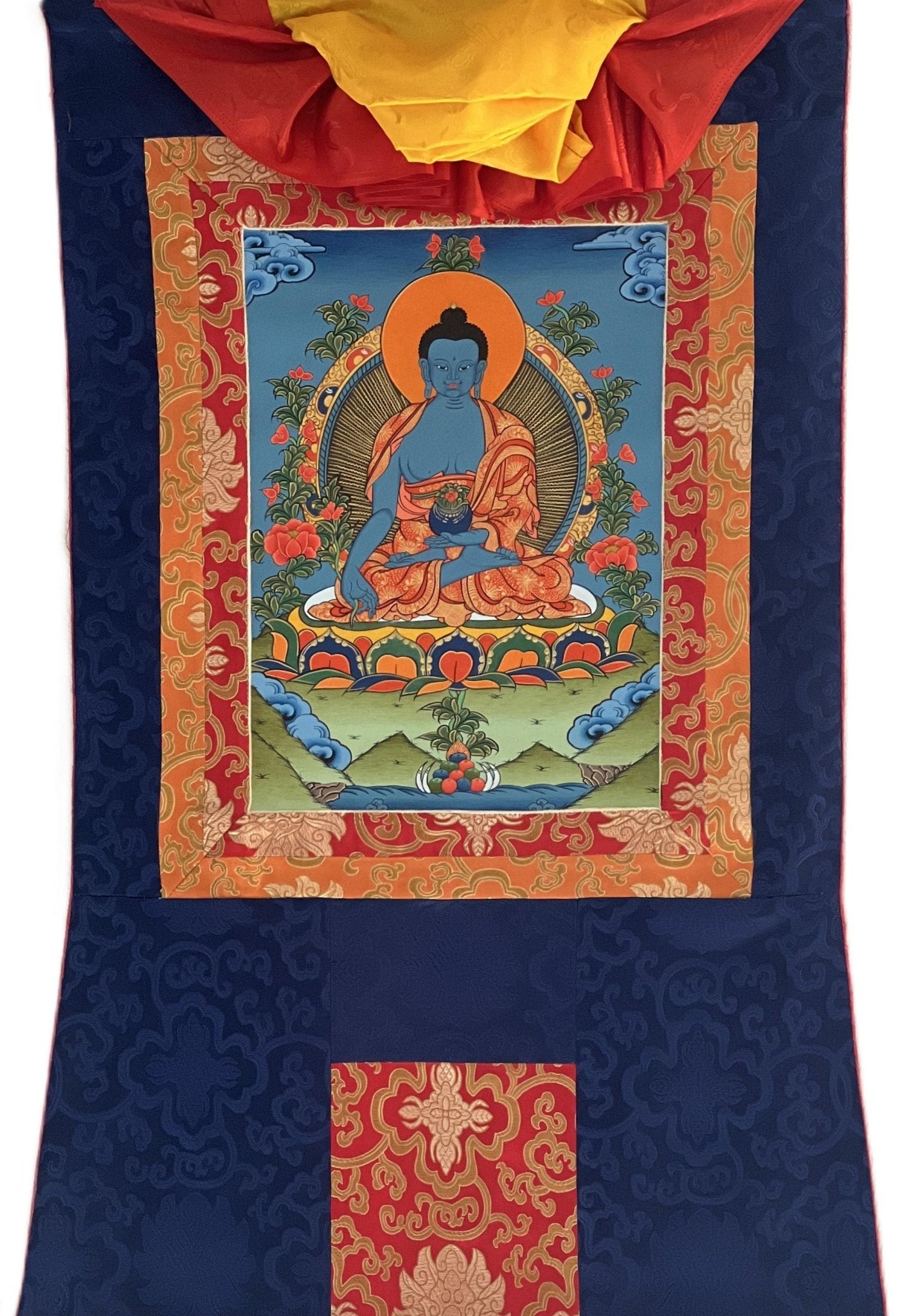 Original Hand - painted Medicine Buddha/ Medicine Master/ Bhaisajyaguru Original Tibetan Thangka Painting/ Wall Hanging with Silk Brocade - Tibetan Thangka Art