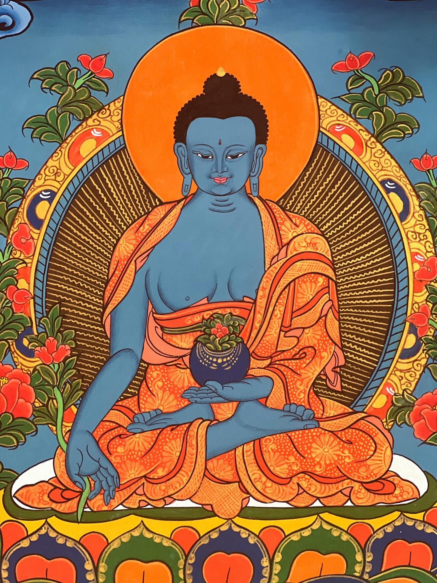 Original Hand - painted Medicine Buddha/ Medicine Master/ Bhaisajyaguru Original Tibetan Thangka Painting/ Wall Hanging with Silk Brocade - Tibetan Thangka Art