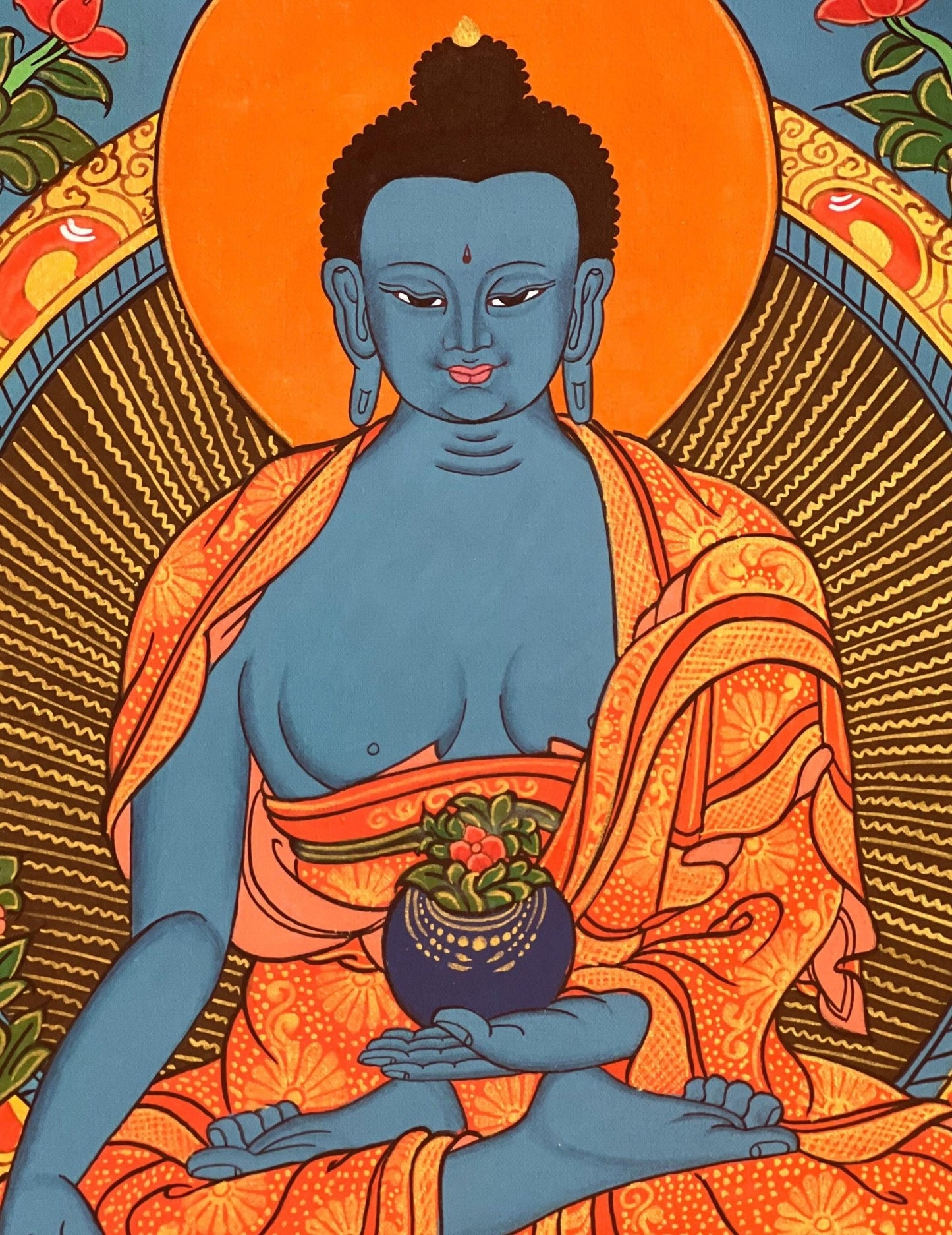 Original Hand - painted Medicine Buddha/ Medicine Master/ Bhaisajyaguru Original Tibetan Thangka Painting/ Wall Hanging with Silk Brocade - Tibetan Thangka Art