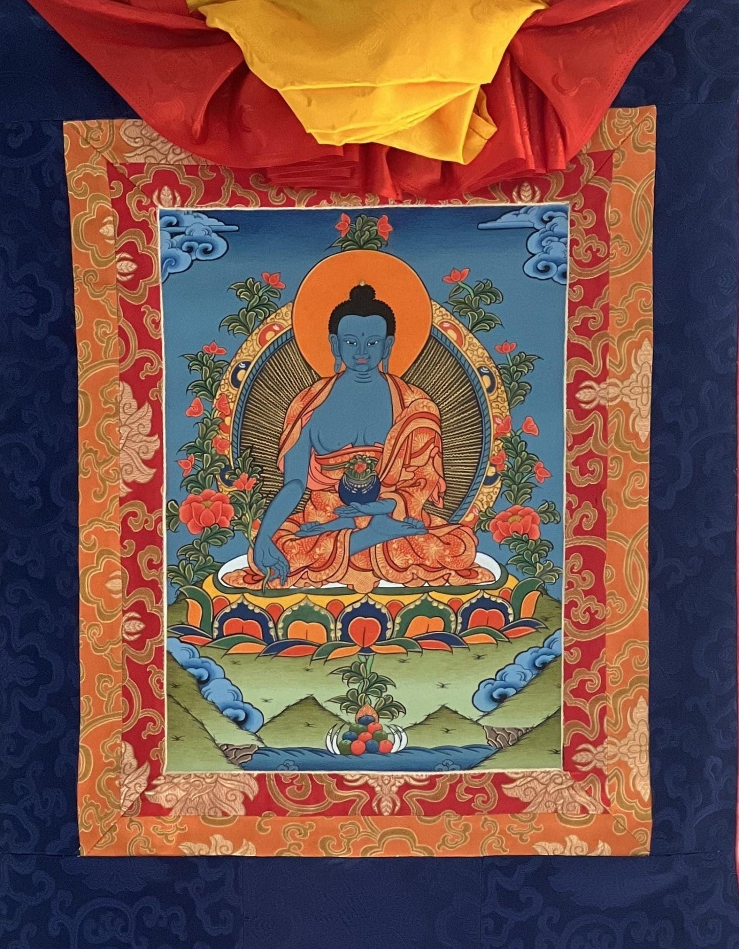 Original Hand - painted Medicine Buddha/ Medicine Master/ Bhaisajyaguru Original Tibetan Thangka Painting/ Wall Hanging with Silk Brocade - Tibetan Thangka Art