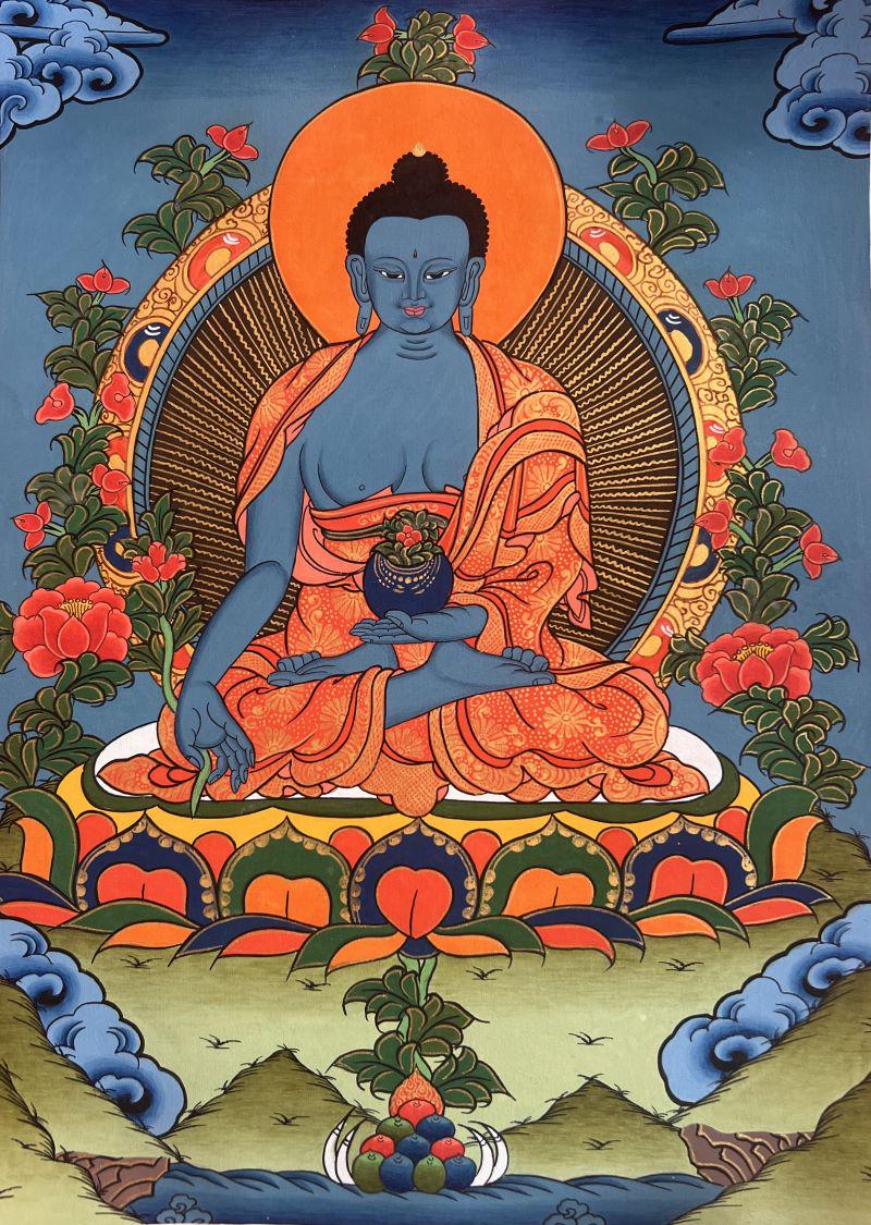 Original Hand - painted Medicine Buddha/ Medicine Master/ Bhaisajyaguru Original Tibetan Thangka Painting/ Wall Hanging with Silk Brocade - Tibetan Thangka Art
