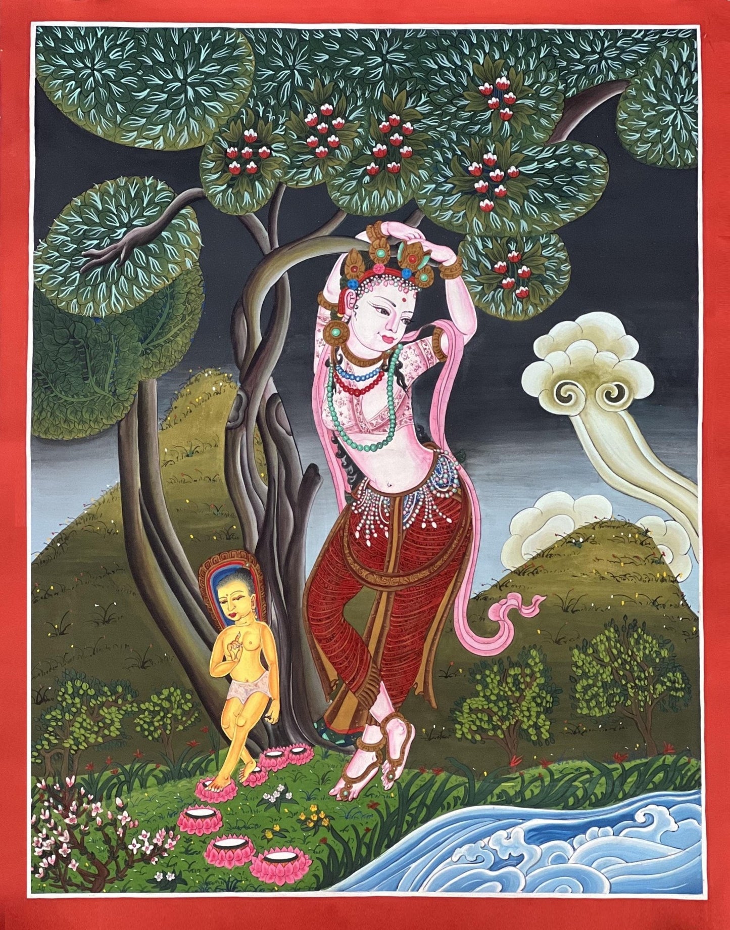 Original Hand - Painted Mother of Buddha Maya Devi Under Sal Tree Masterpiece Gold Newari Paubha/Thangka Painting - Tibetan Thangka Art