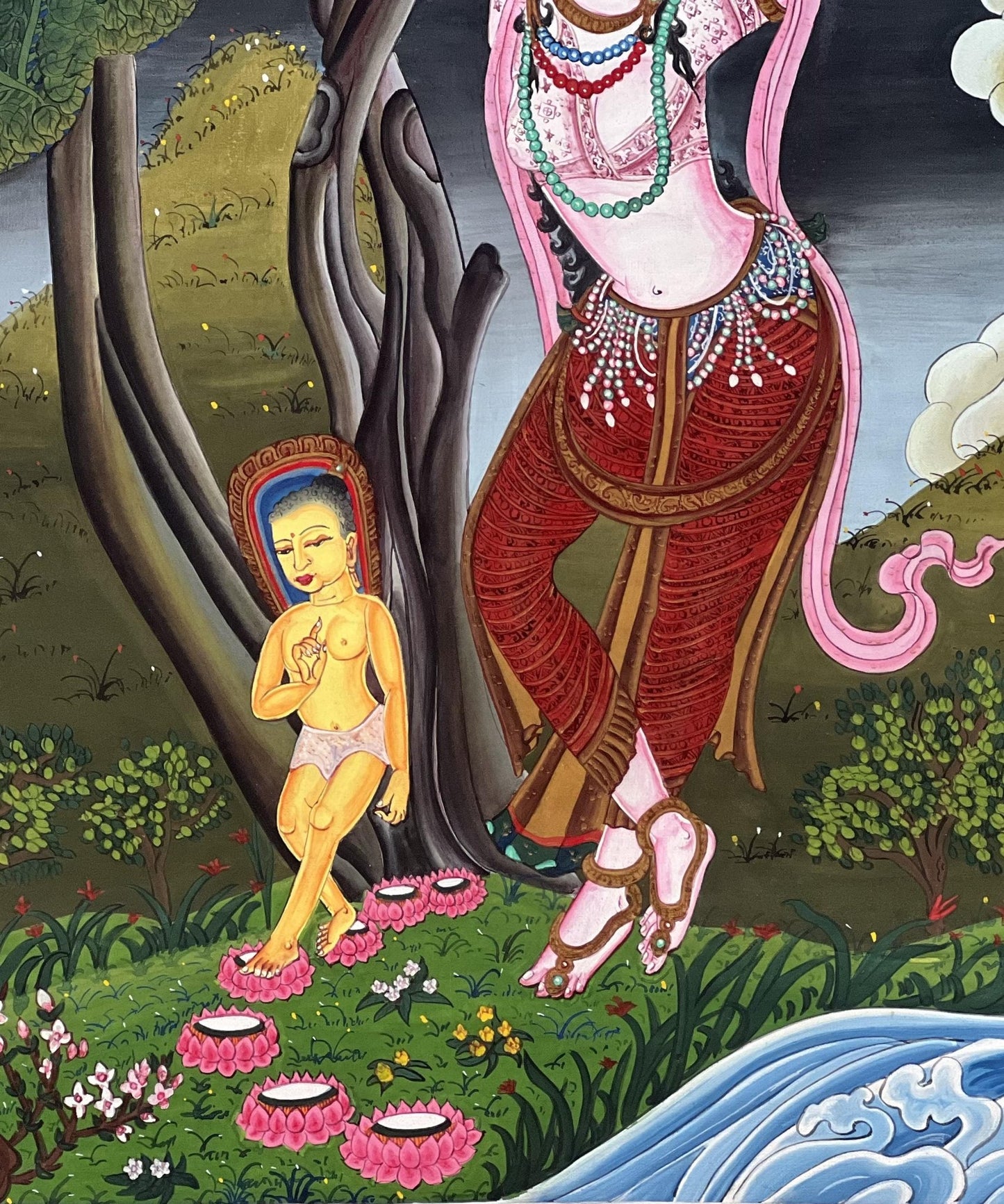 Original Hand - Painted Mother of Buddha Maya Devi Under Sal Tree Masterpiece Gold Newari Paubha/Thangka Painting - Tibetan Thangka Art