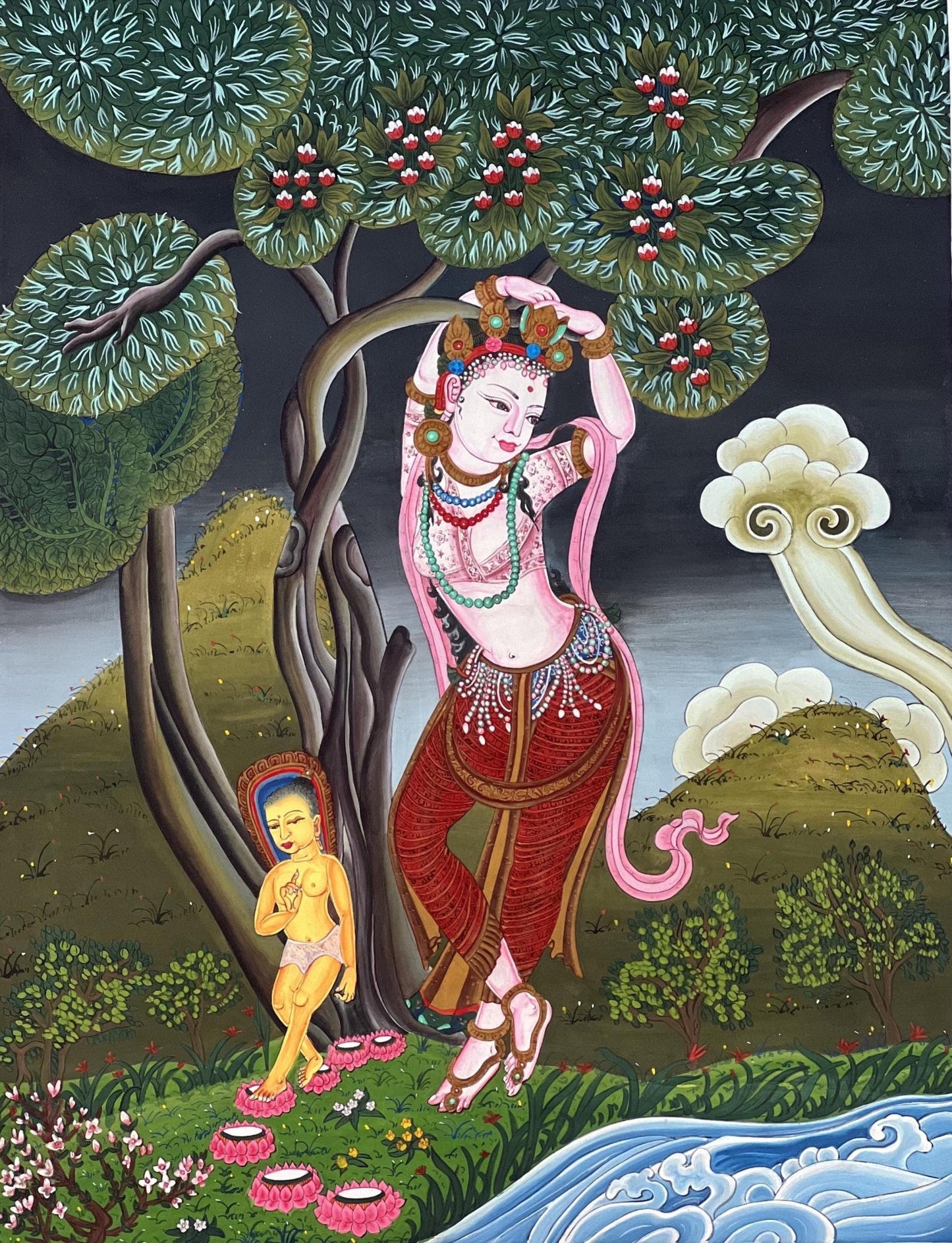 Original Hand - Painted Mother of Buddha Maya Devi Under Sal Tree Masterpiece Gold Newari Paubha/Thangka Painting - Tibetan Thangka Art