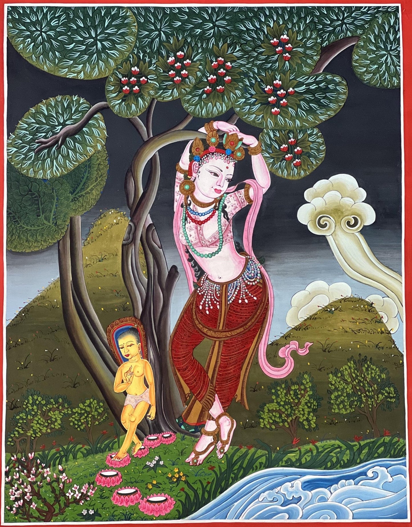 Original Hand - Painted Mother of Buddha Maya Devi Under Sal Tree Masterpiece Gold Newari Paubha/Thangka Painting - Tibetan Thangka Art