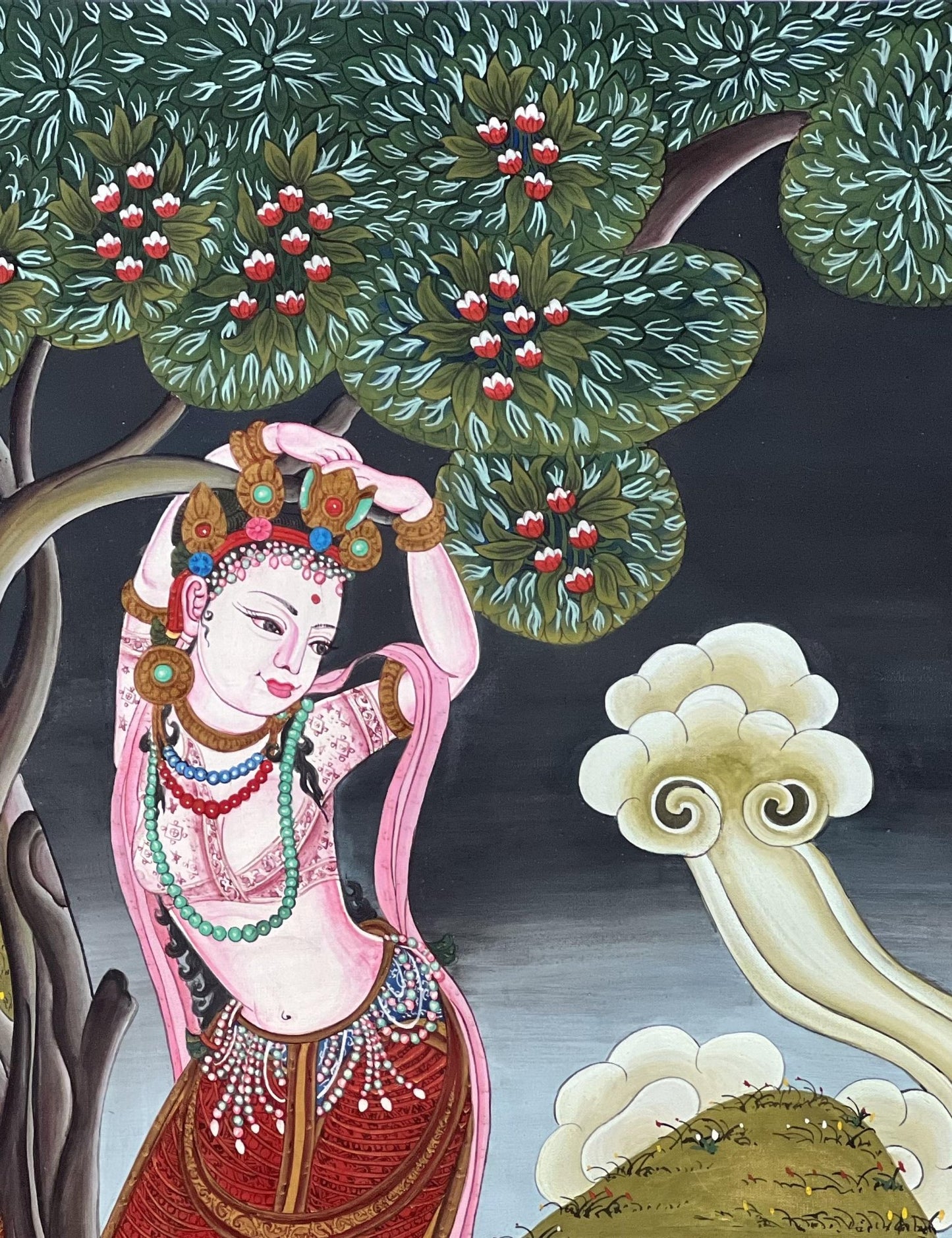 Original Hand - Painted Mother of Buddha Maya Devi Under Sal Tree Masterpiece Gold Newari Paubha/Thangka Painting - Tibetan Thangka Art
