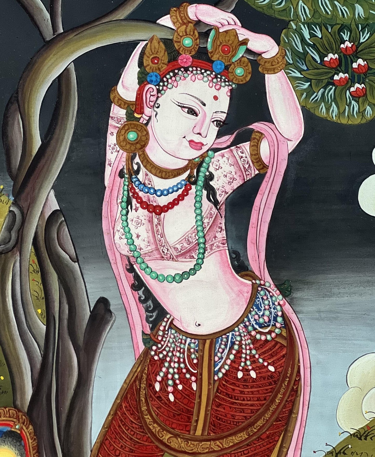 Original Hand - Painted Mother of Buddha Maya Devi Under Sal Tree Masterpiece Gold Newari Paubha/Thangka Painting - Tibetan Thangka Art