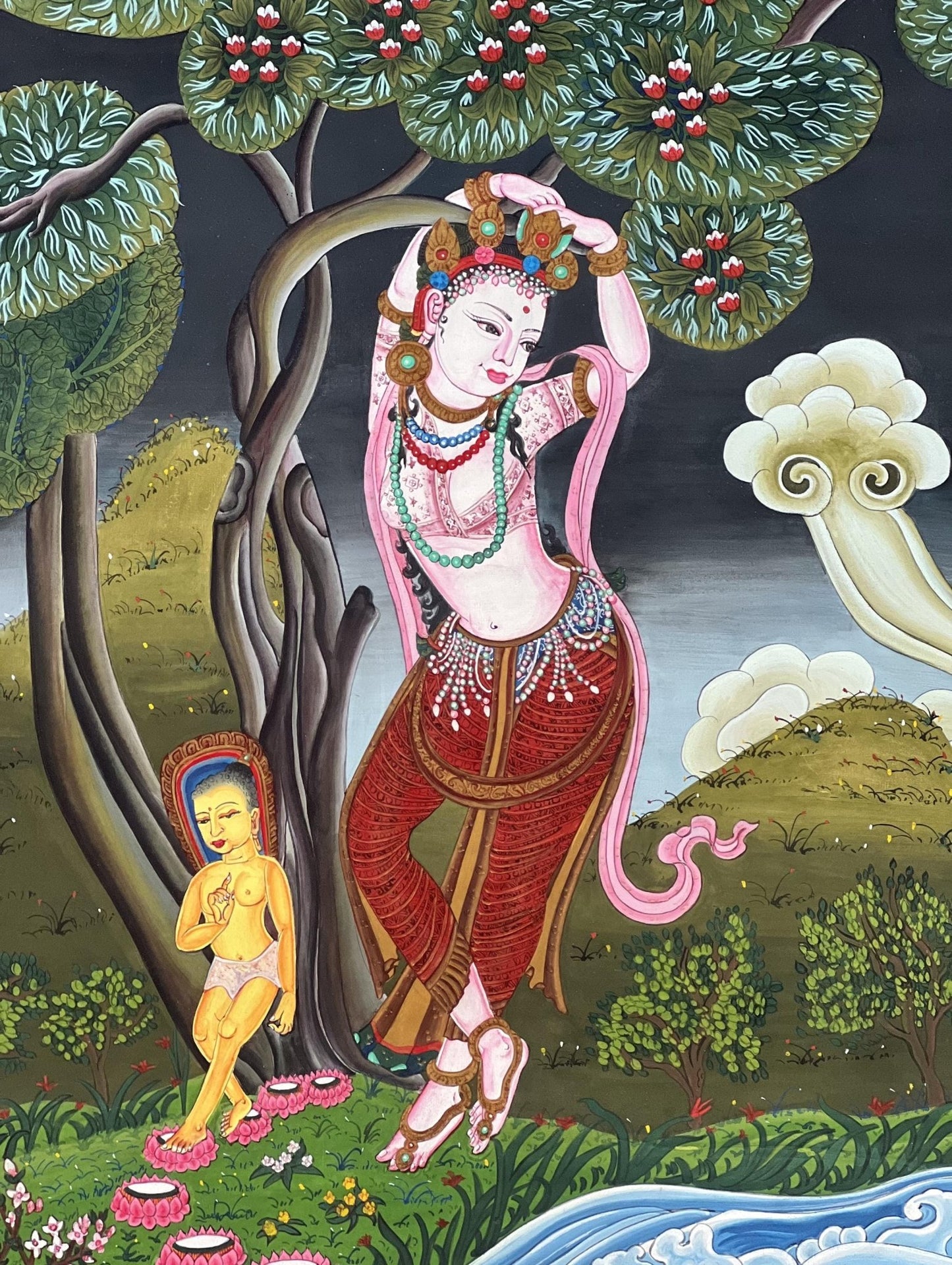 Original Hand - Painted Mother of Buddha Maya Devi Under Sal Tree Masterpiece Gold Newari Paubha/Thangka Painting - Tibetan Thangka Art