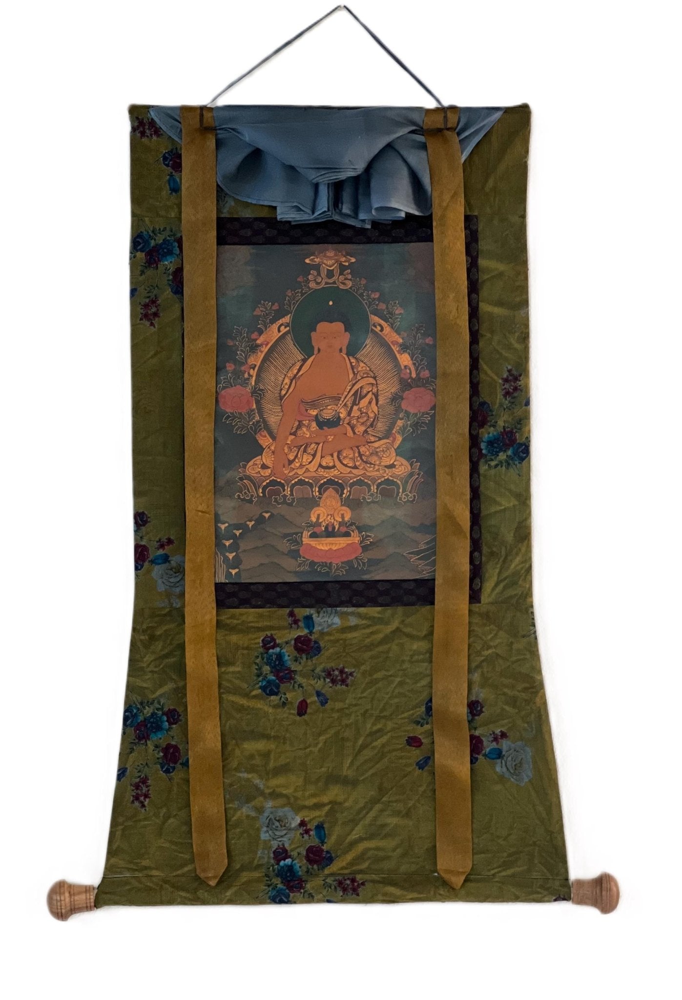 Original Hand - painted Old Oil Varnished Shakyamuni Buddha/ Siddhartha Gautama Tibetan Thangka Painting with Cotton Brocade - Tibetan Thangka Art