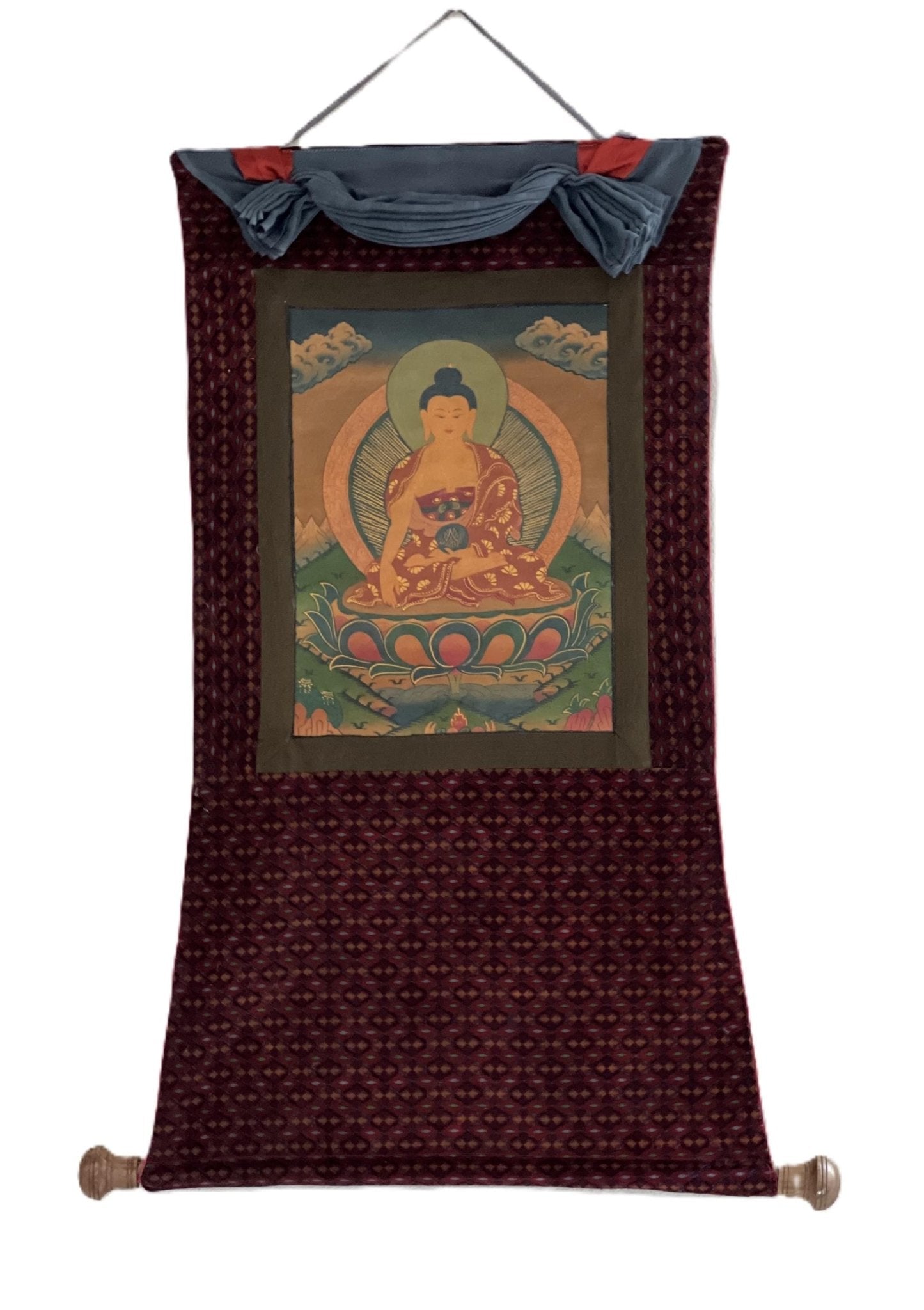 Original Hand - painted Old Oil Varnished Shakyamuni Buddha/ Siddhartha Gautama Tibetan Thangka Painting with Cotton Brocade - Tibetan Thangka Art