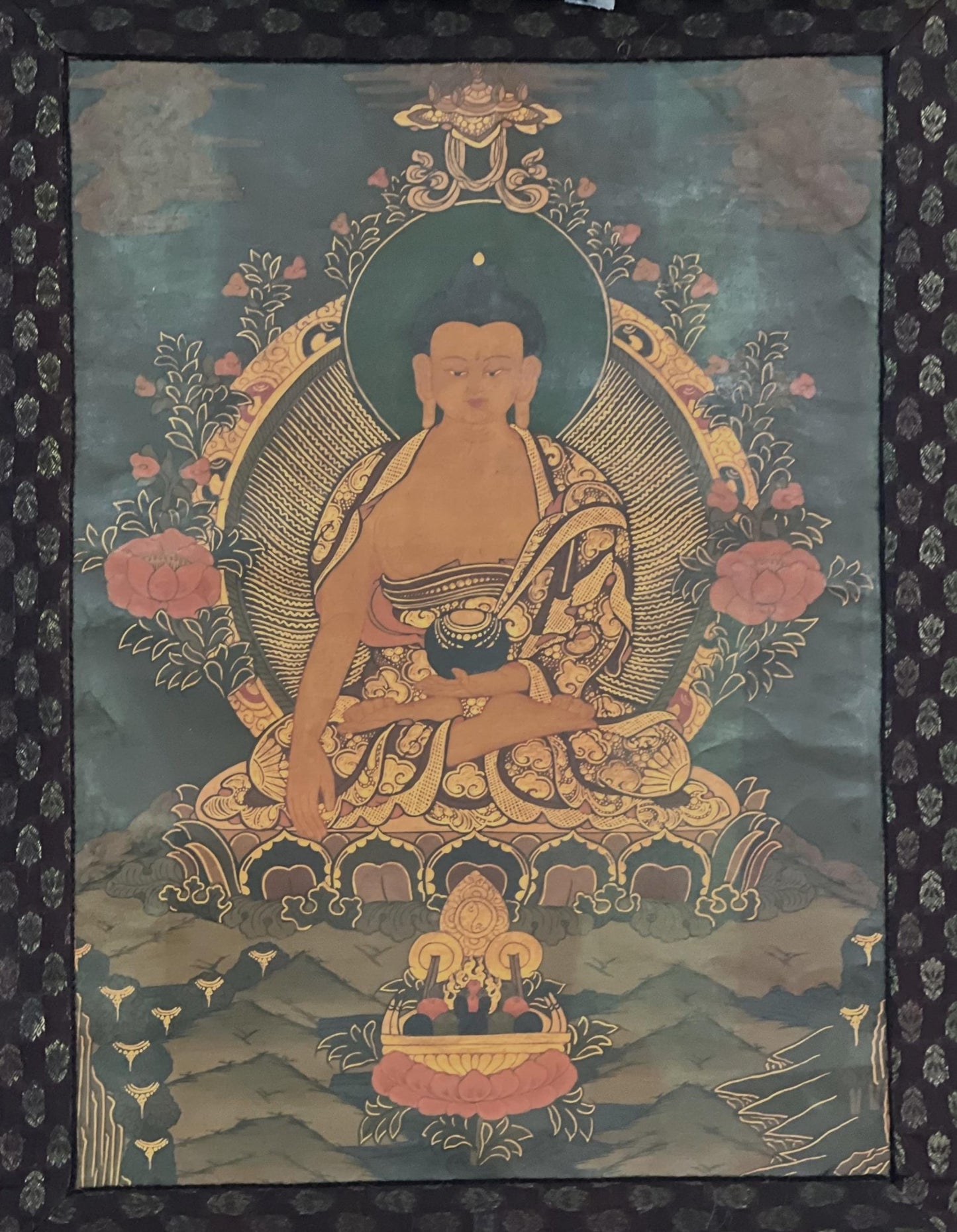 Original Hand - painted Old Oil Varnished Shakyamuni Buddha/ Siddhartha Gautama Tibetan Thangka Painting with Cotton Brocade - Tibetan Thangka Art