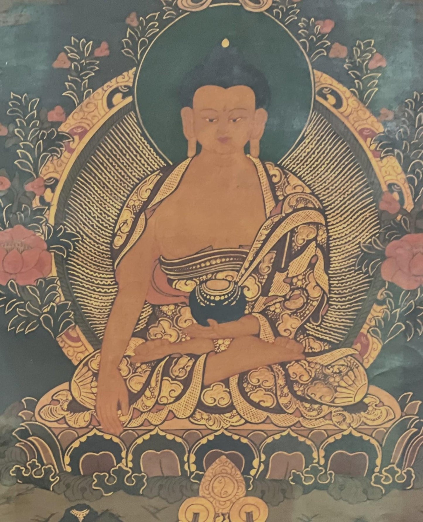 Original Hand - painted Old Oil Varnished Shakyamuni Buddha/ Siddhartha Gautama Tibetan Thangka Painting with Cotton Brocade - Tibetan Thangka Art