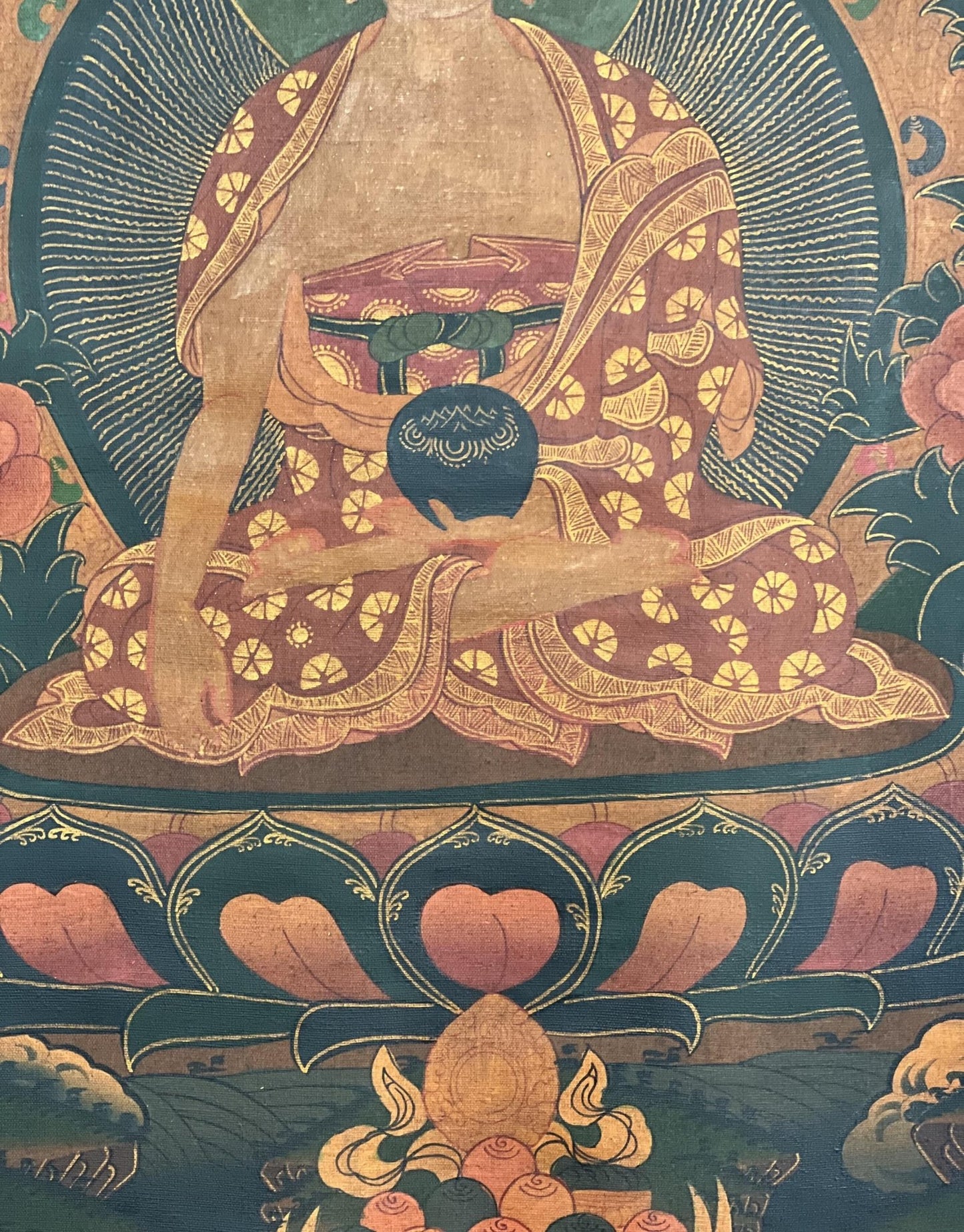 Original Hand - painted Old Oil Varnished Shakyamuni Buddha/ Siddhartha Gautama Tibetan Thangka Painting with Cotton Brocade - Tibetan Thangka Art