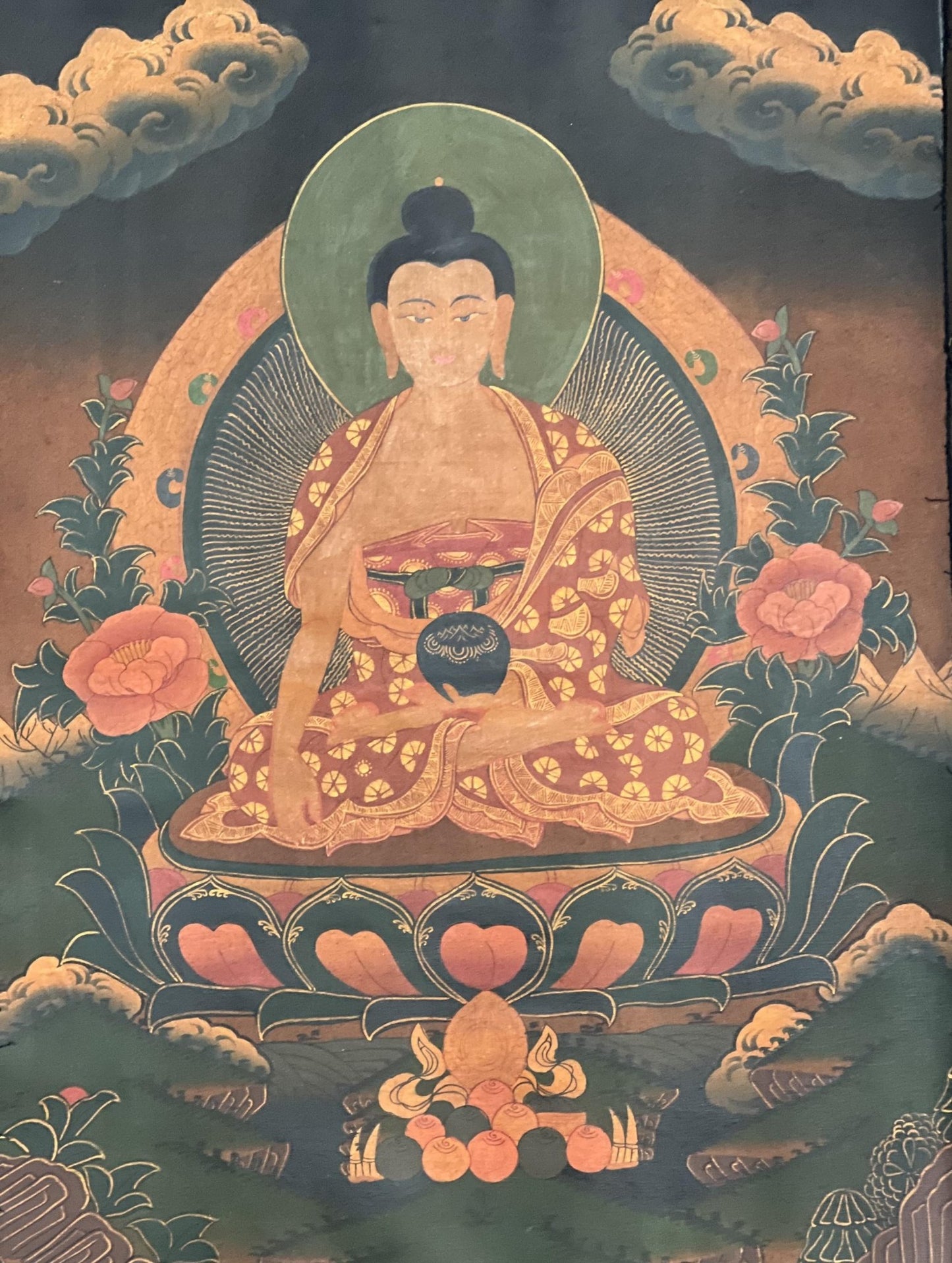 Original Hand - painted Old Oil Varnished Shakyamuni Buddha/ Siddhartha Gautama Tibetan Thangka Painting with Cotton Brocade - Tibetan Thangka Art