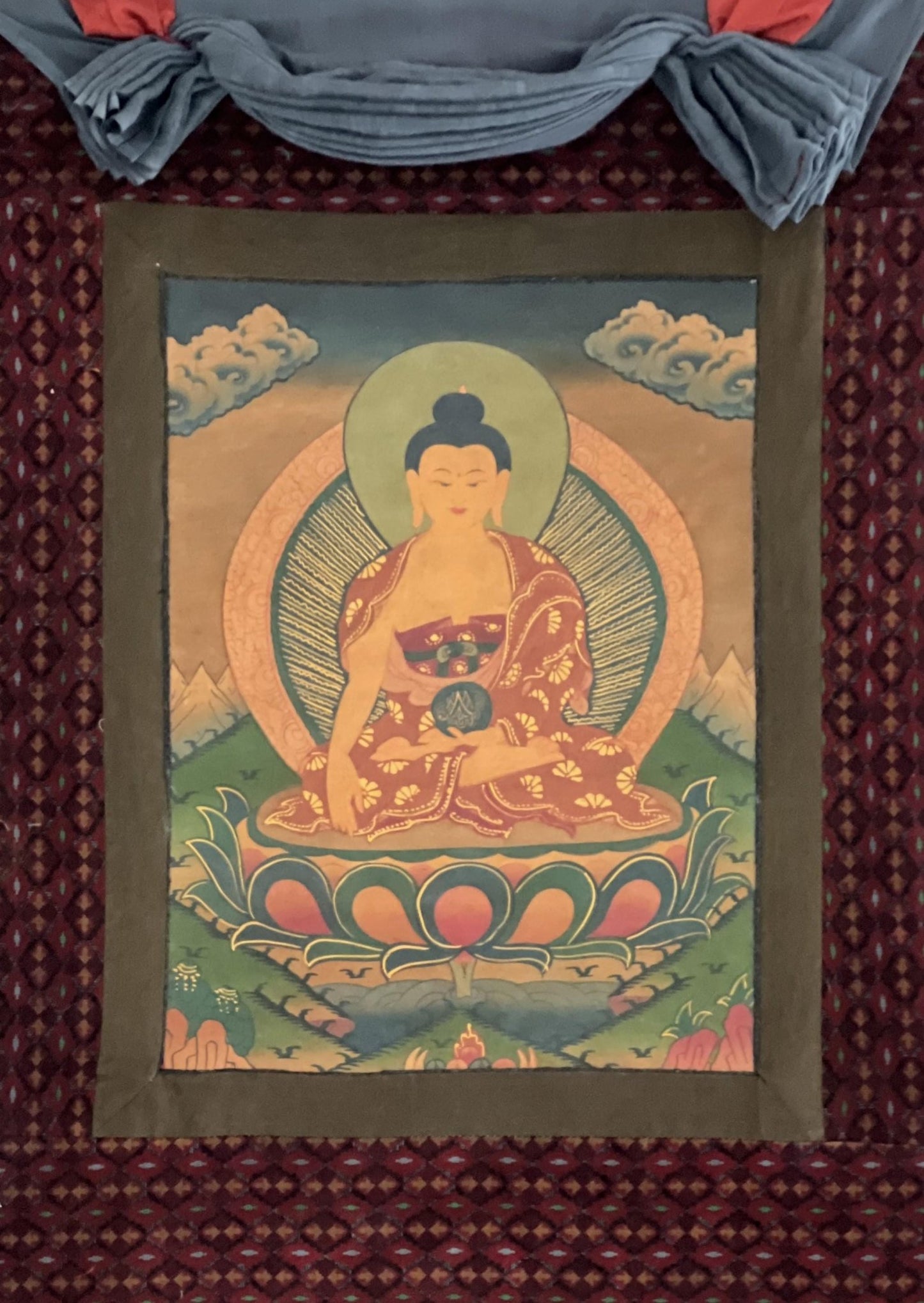 Original Hand - painted Old Oil Varnished Shakyamuni Buddha/ Siddhartha Gautama Tibetan Thangka Painting with Cotton Brocade - Tibetan Thangka Art