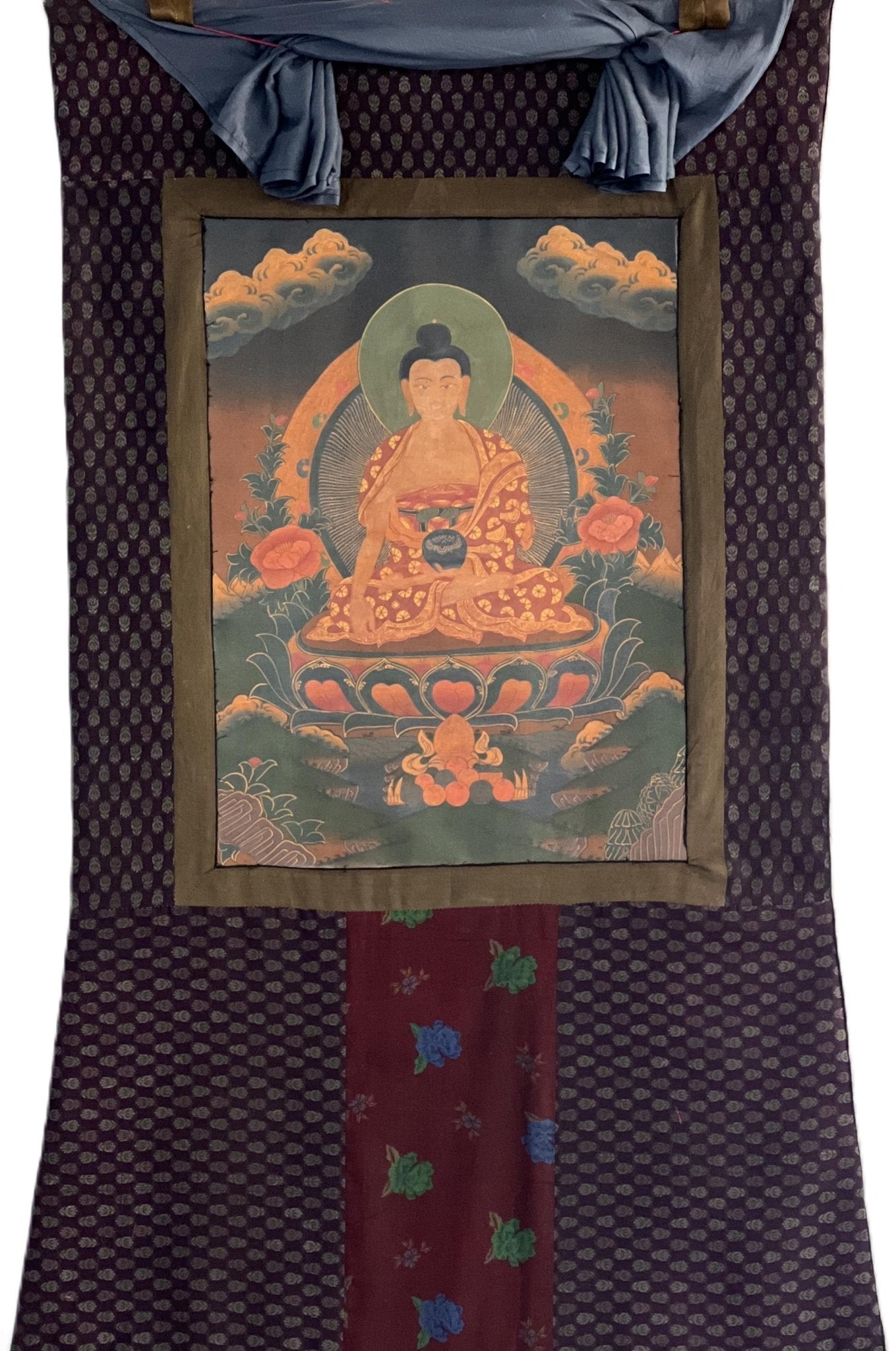 Original Hand - painted Old Oil Varnished Shakyamuni Buddha/ Siddhartha Gautama Tibetan Thangka Painting with Cotton Brocade - Tibetan Thangka Art