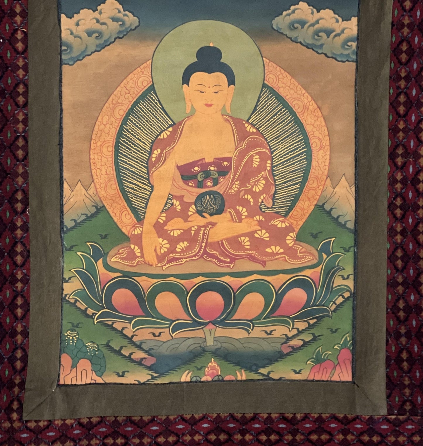 Original Hand - painted Old Oil Varnished Shakyamuni Buddha/ Siddhartha Gautama Tibetan Thangka Painting with Cotton Brocade - Tibetan Thangka Art
