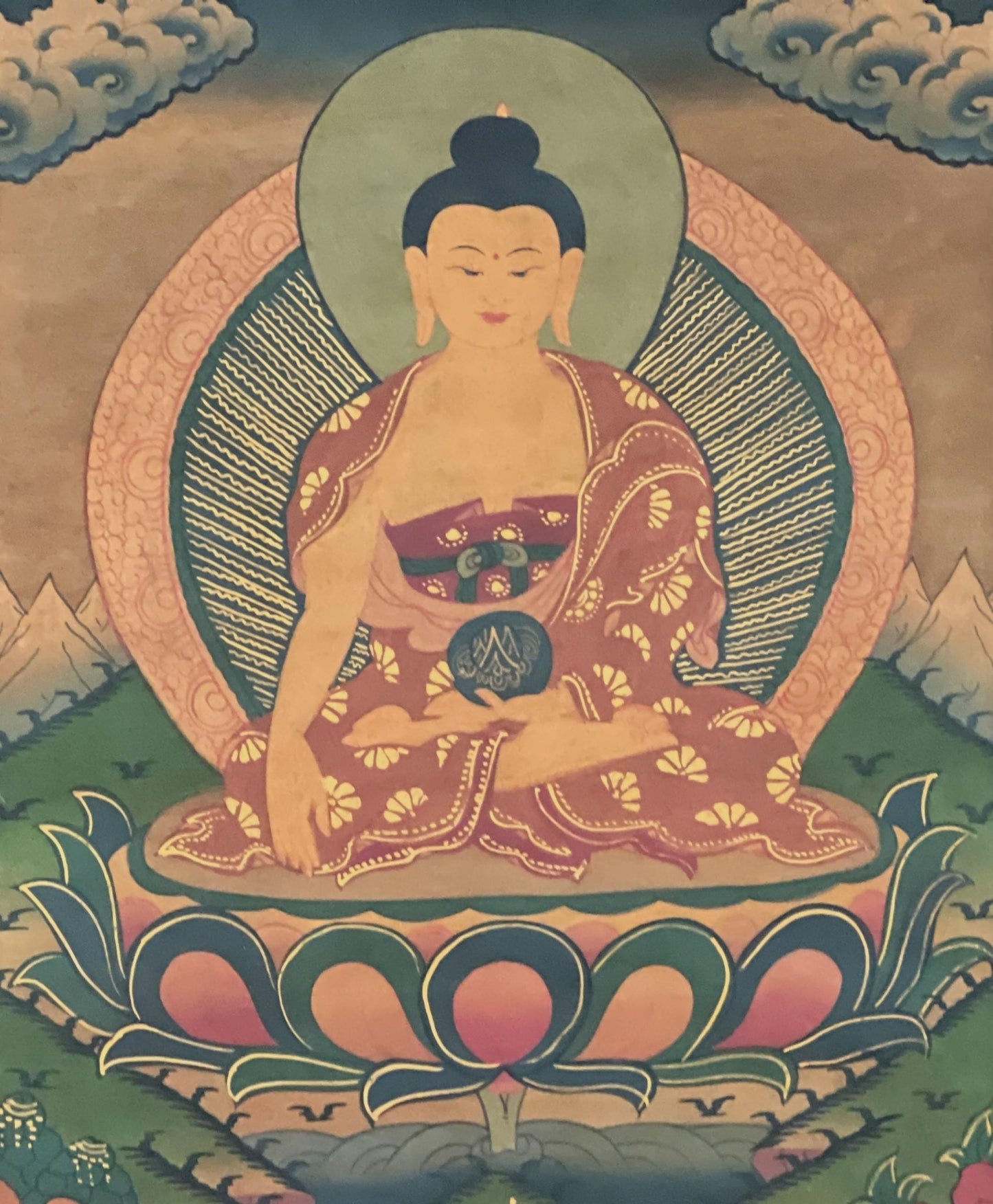 Original Hand - painted Old Oil Varnished Shakyamuni Buddha/ Siddhartha Gautama Tibetan Thangka Painting with Cotton Brocade - Tibetan Thangka Art
