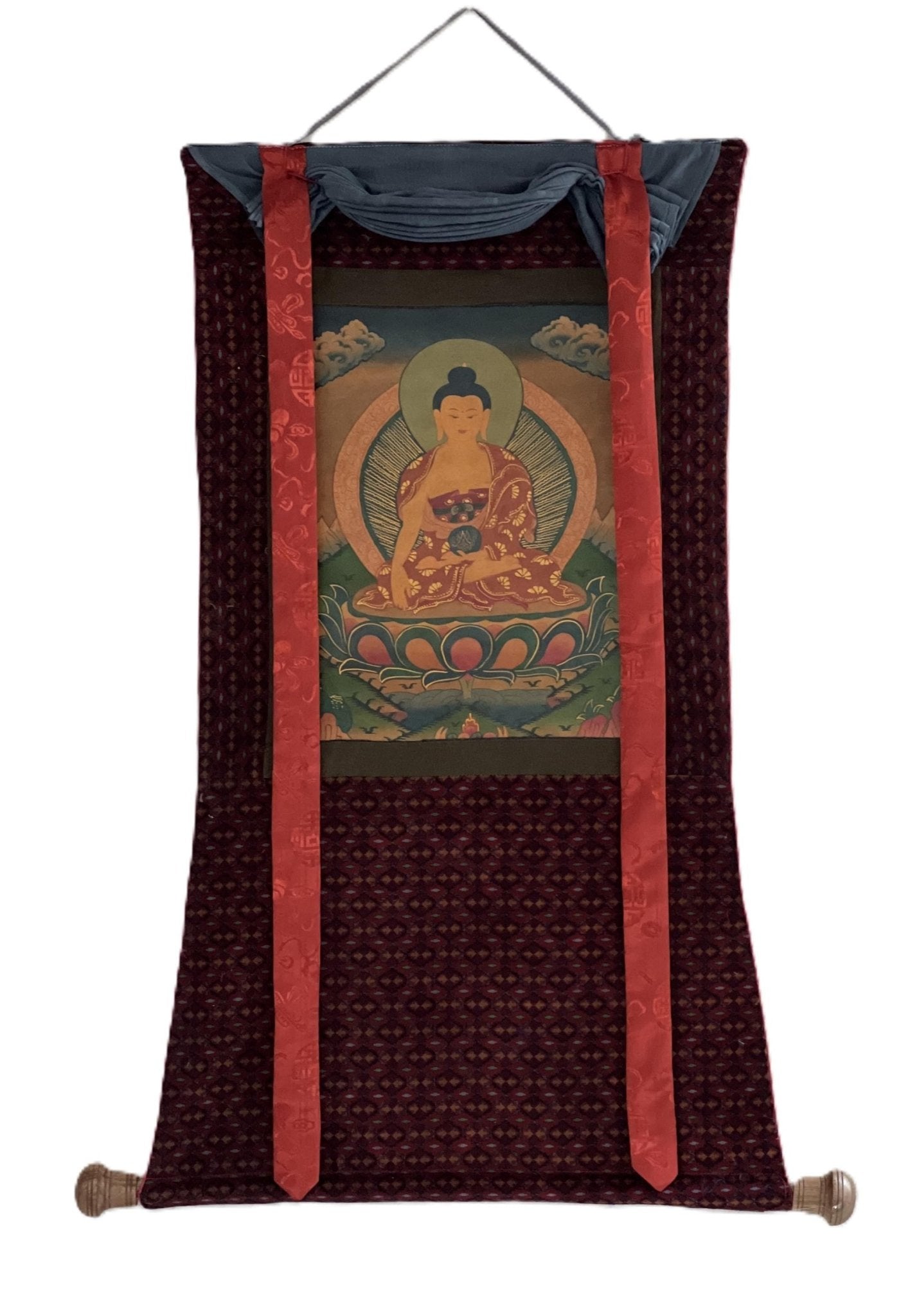 Original Hand - painted Old Oil Varnished Shakyamuni Buddha/ Siddhartha Gautama Tibetan Thangka Painting with Cotton Brocade - Tibetan Thangka Art
