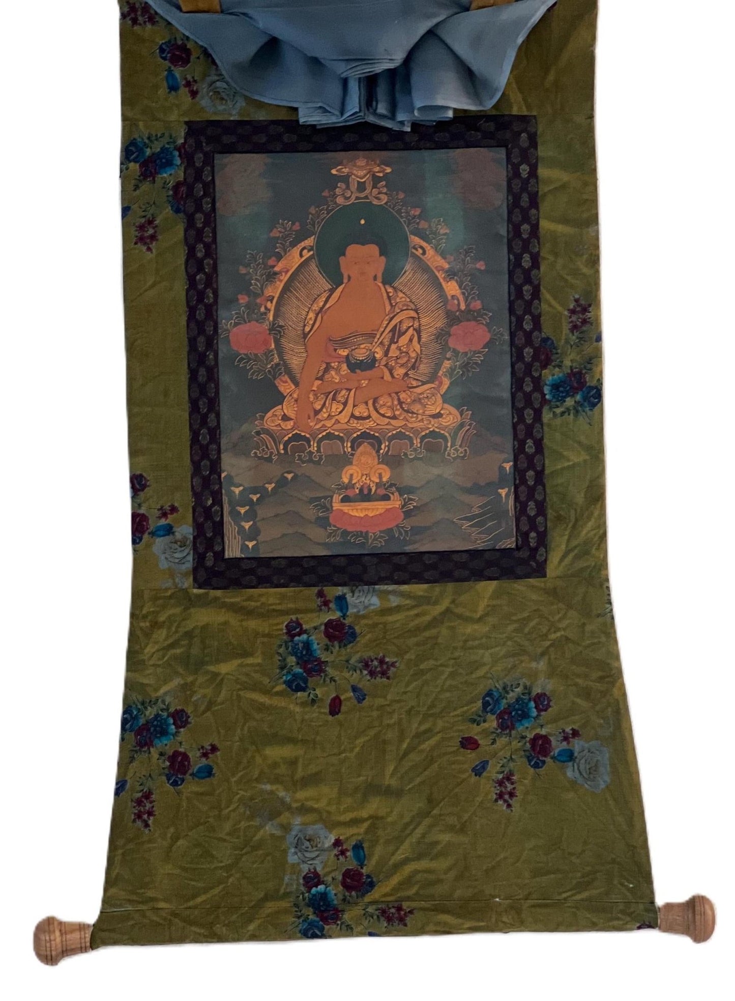 Original Hand - painted Old Oil Varnished Shakyamuni Buddha/ Siddhartha Gautama Tibetan Thangka Painting with Cotton Brocade - Tibetan Thangka Art