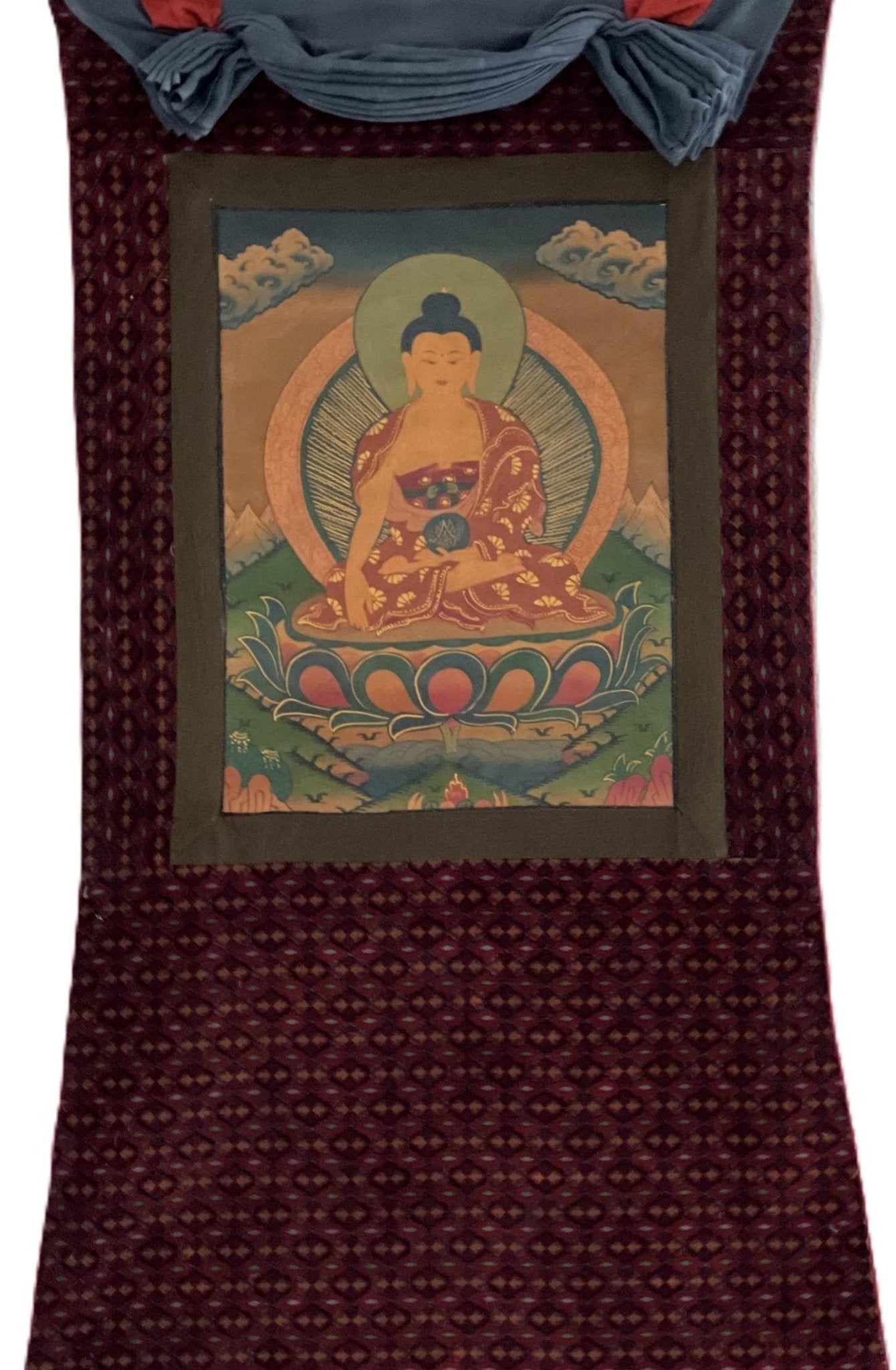 Original Hand - painted Old Oil Varnished Shakyamuni Buddha/ Siddhartha Gautama Tibetan Thangka Painting with Cotton Brocade - Tibetan Thangka Art