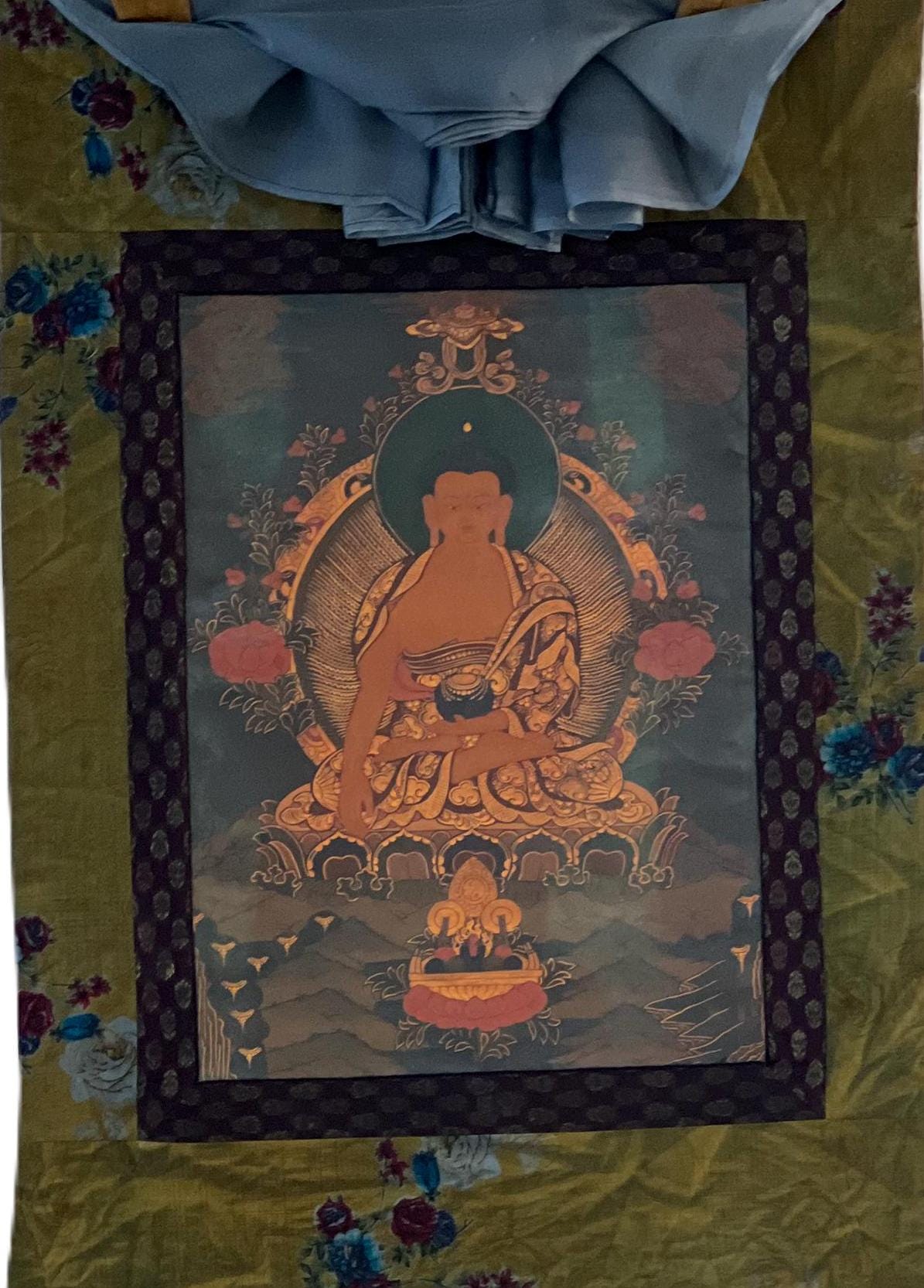 Original Hand - painted Old Oil Varnished Shakyamuni Buddha/ Siddhartha Gautama Tibetan Thangka Painting with Cotton Brocade - Tibetan Thangka Art