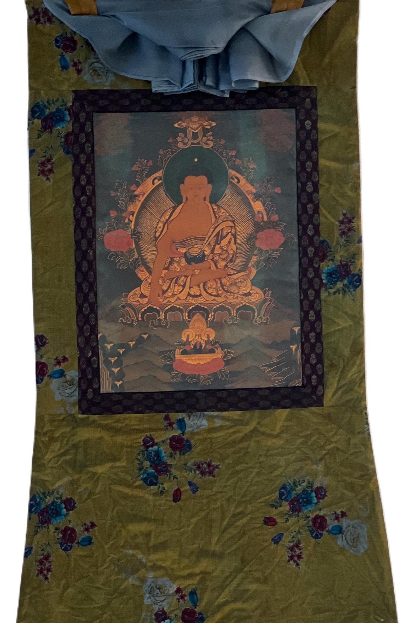 Original Hand - painted Old Oil Varnished Shakyamuni Buddha/ Siddhartha Gautama Tibetan Thangka Painting with Cotton Brocade - Tibetan Thangka Art