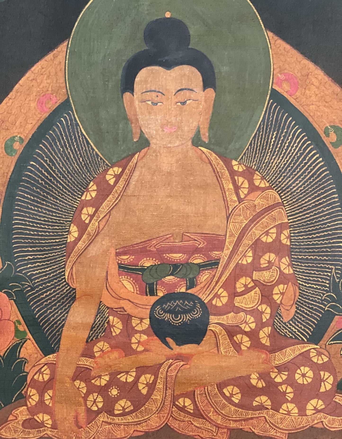 Original Hand - painted Old Oil Varnished Shakyamuni Buddha/ Siddhartha Gautama Tibetan Thangka Painting with Cotton Brocade - Tibetan Thangka Art
