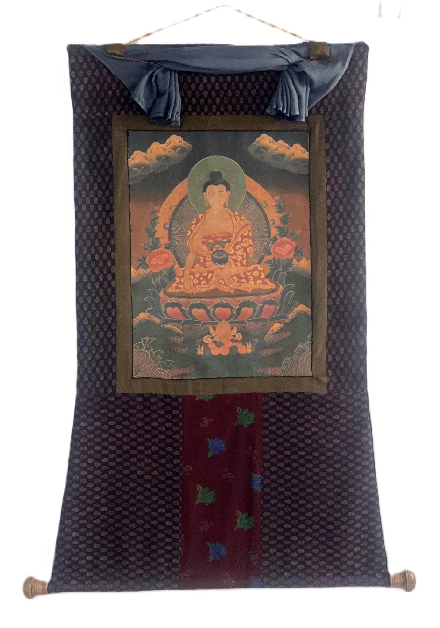 Original Hand - painted Old Oil Varnished Shakyamuni Buddha/ Siddhartha Gautama Tibetan Thangka Painting with Cotton Brocade - Tibetan Thangka Art