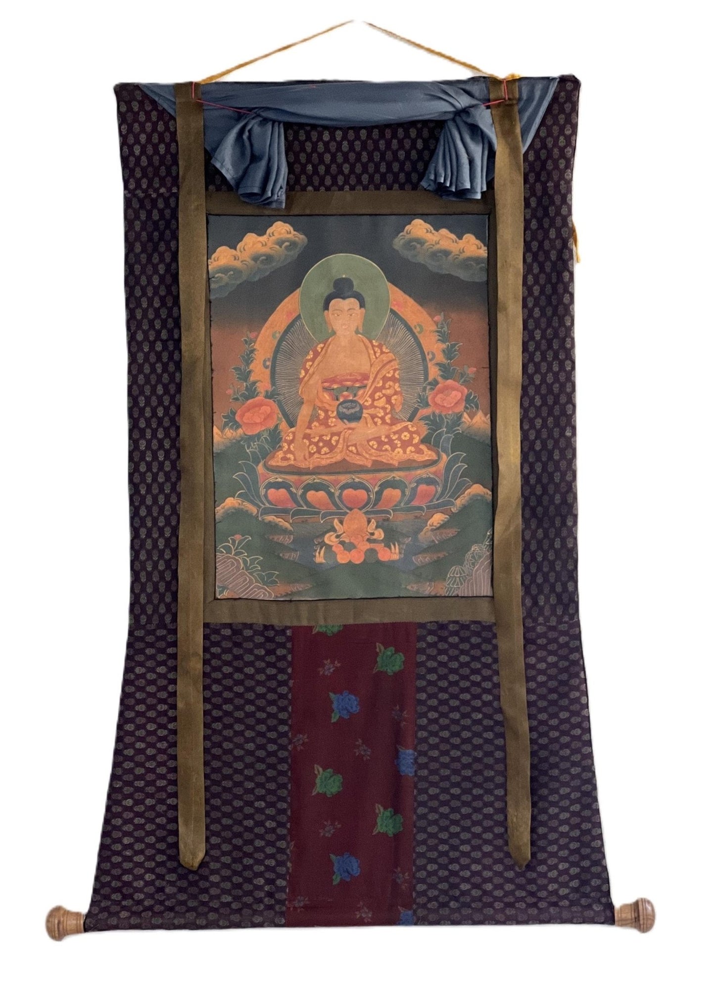 Original Hand - painted Old Oil Varnished Shakyamuni Buddha/ Siddhartha Gautama Tibetan Thangka Painting with Cotton Brocade - Tibetan Thangka Art