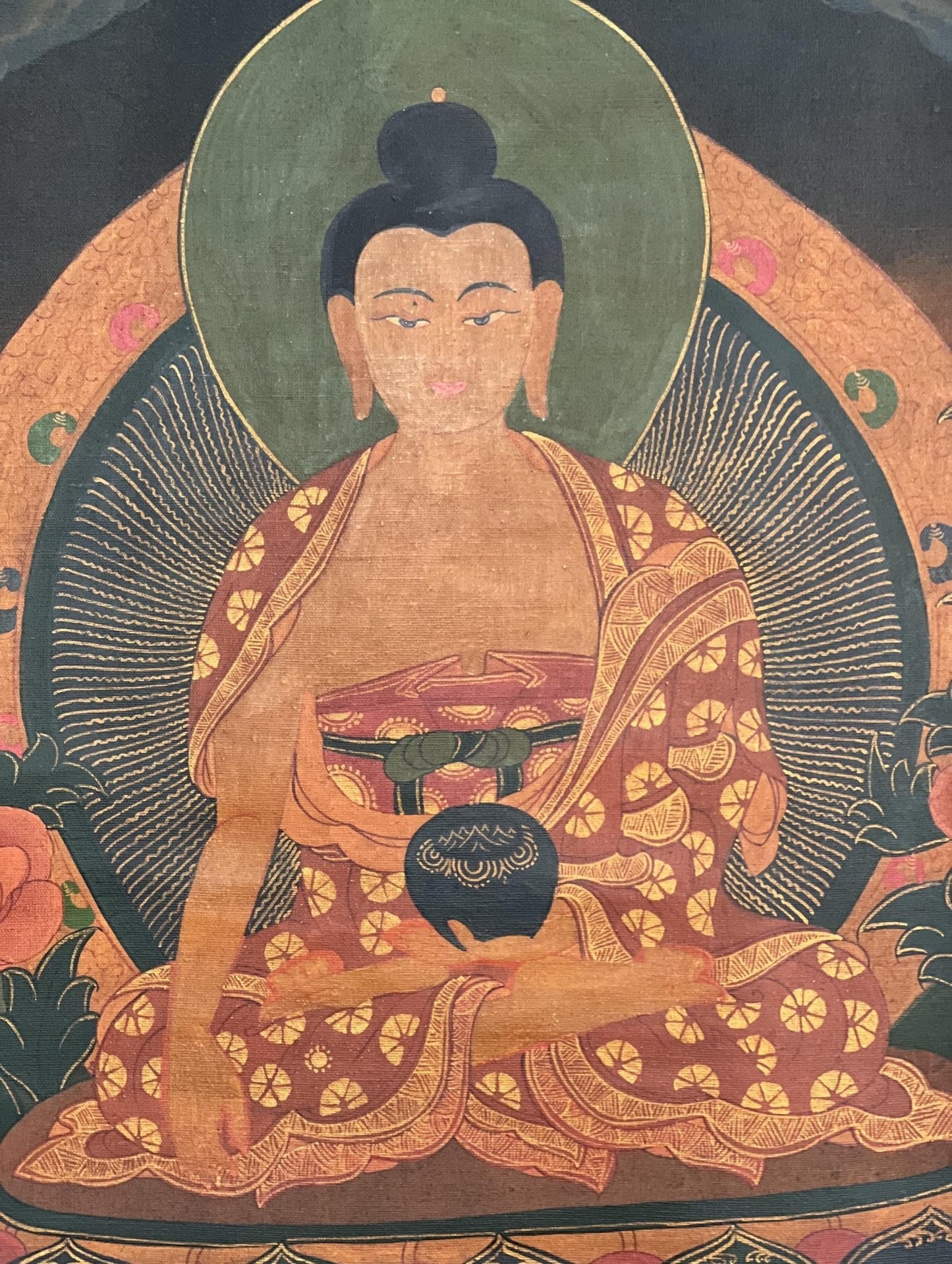 Original Hand - painted Old Oil Varnished Shakyamuni Buddha/ Siddhartha Gautama Tibetan Thangka Painting with Cotton Brocade - Tibetan Thangka Art