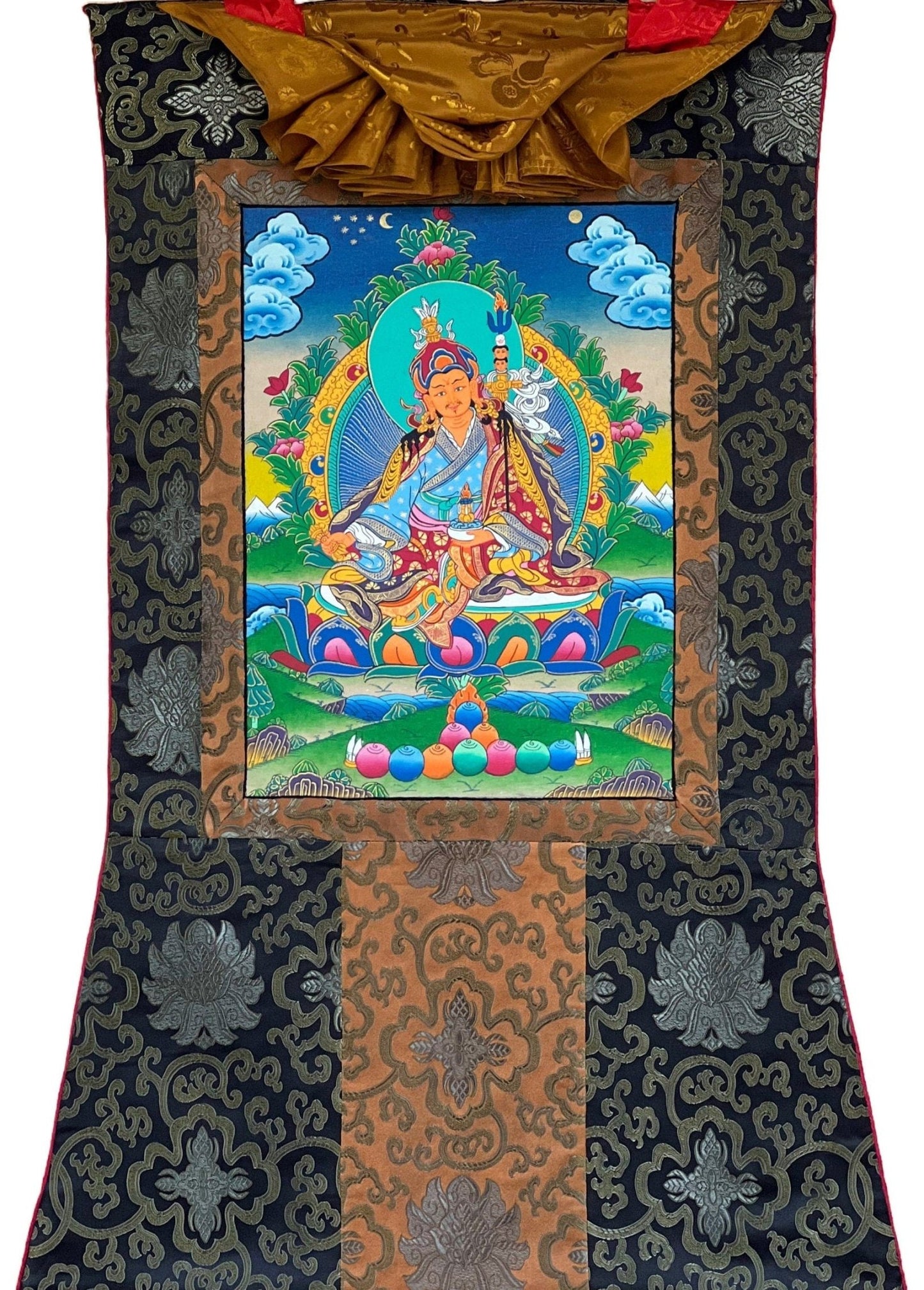 Original Hand - painted Padmasambhava Guru Rinpoche Master Quality Tibetan Thangka Painting with Silk Brocade - Tibetan Thangka Art