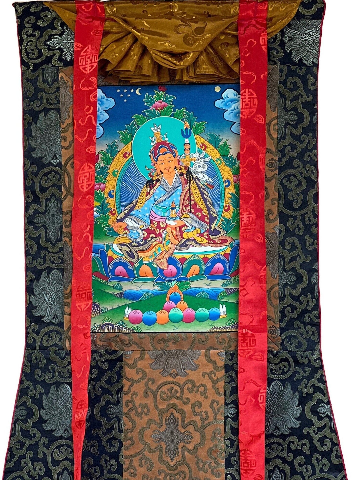 Original Hand - painted Padmasambhava Guru Rinpoche Master Quality Tibetan Thangka Painting with Silk Brocade - Tibetan Thangka Art