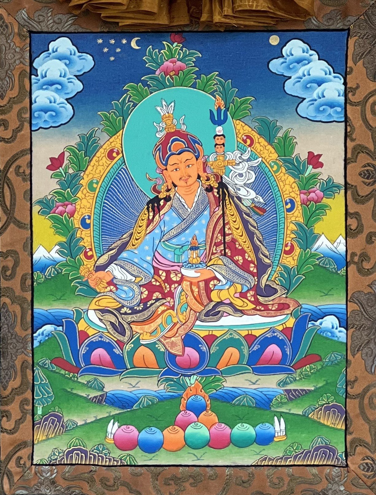 Original Hand - painted Padmasambhava Guru Rinpoche Master Quality Tibetan Thangka Painting with Silk Brocade - Tibetan Thangka Art