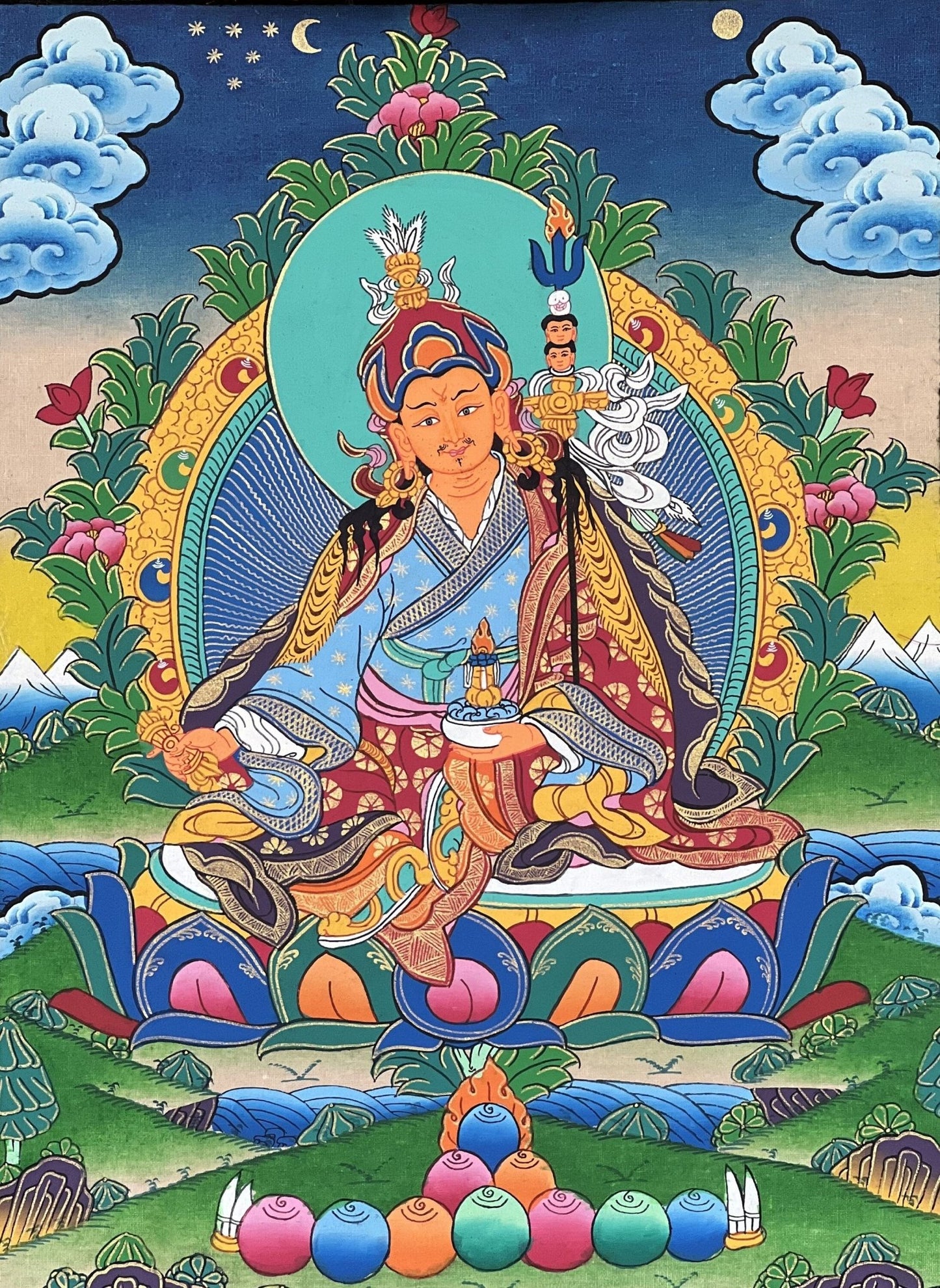 Original Hand - painted Padmasambhava Guru Rinpoche Master Quality Tibetan Thangka Painting with Silk Brocade - Tibetan Thangka Art