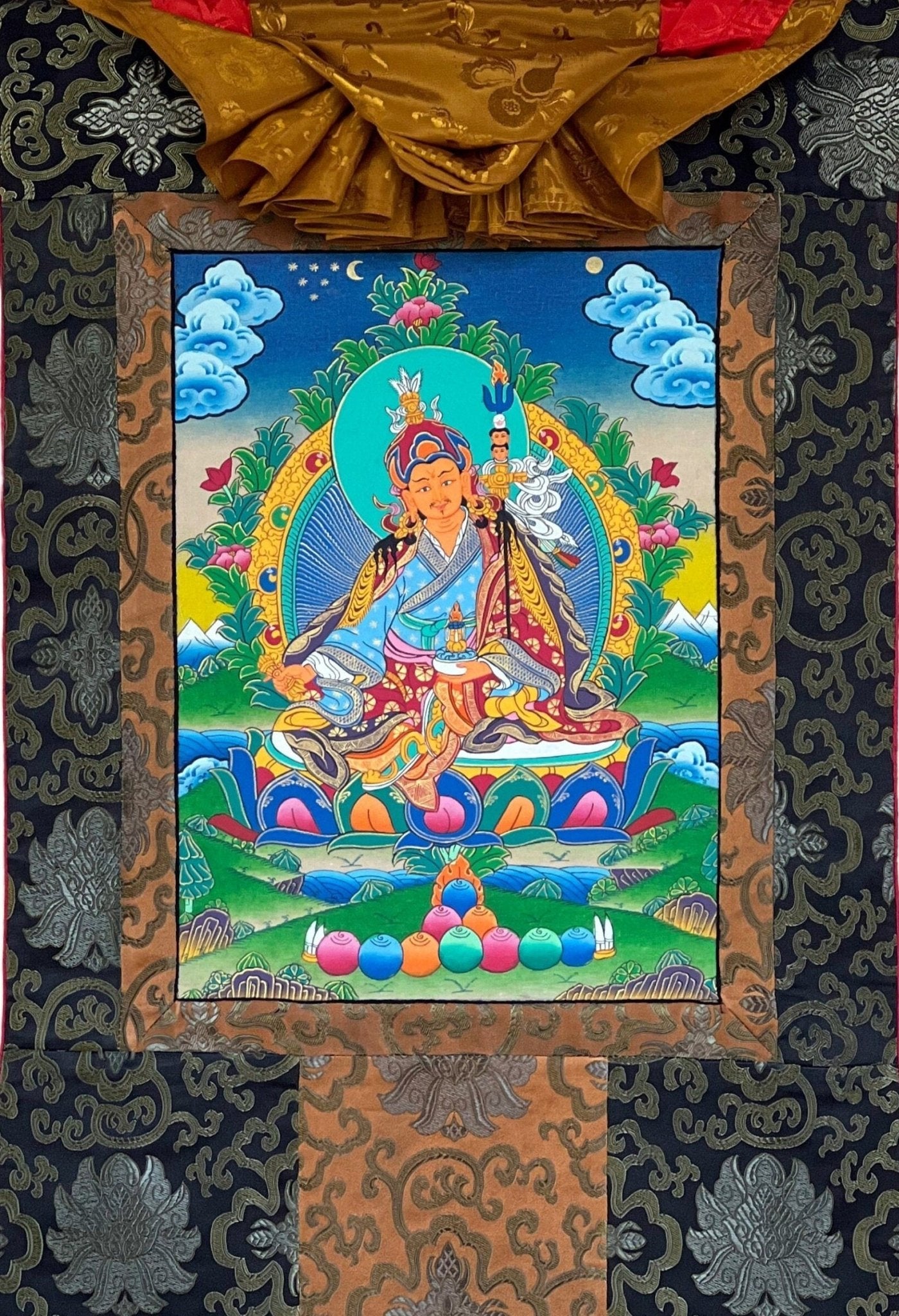 Original Hand - painted Padmasambhava Guru Rinpoche Master Quality Tibetan Thangka Painting with Silk Brocade - Tibetan Thangka Art