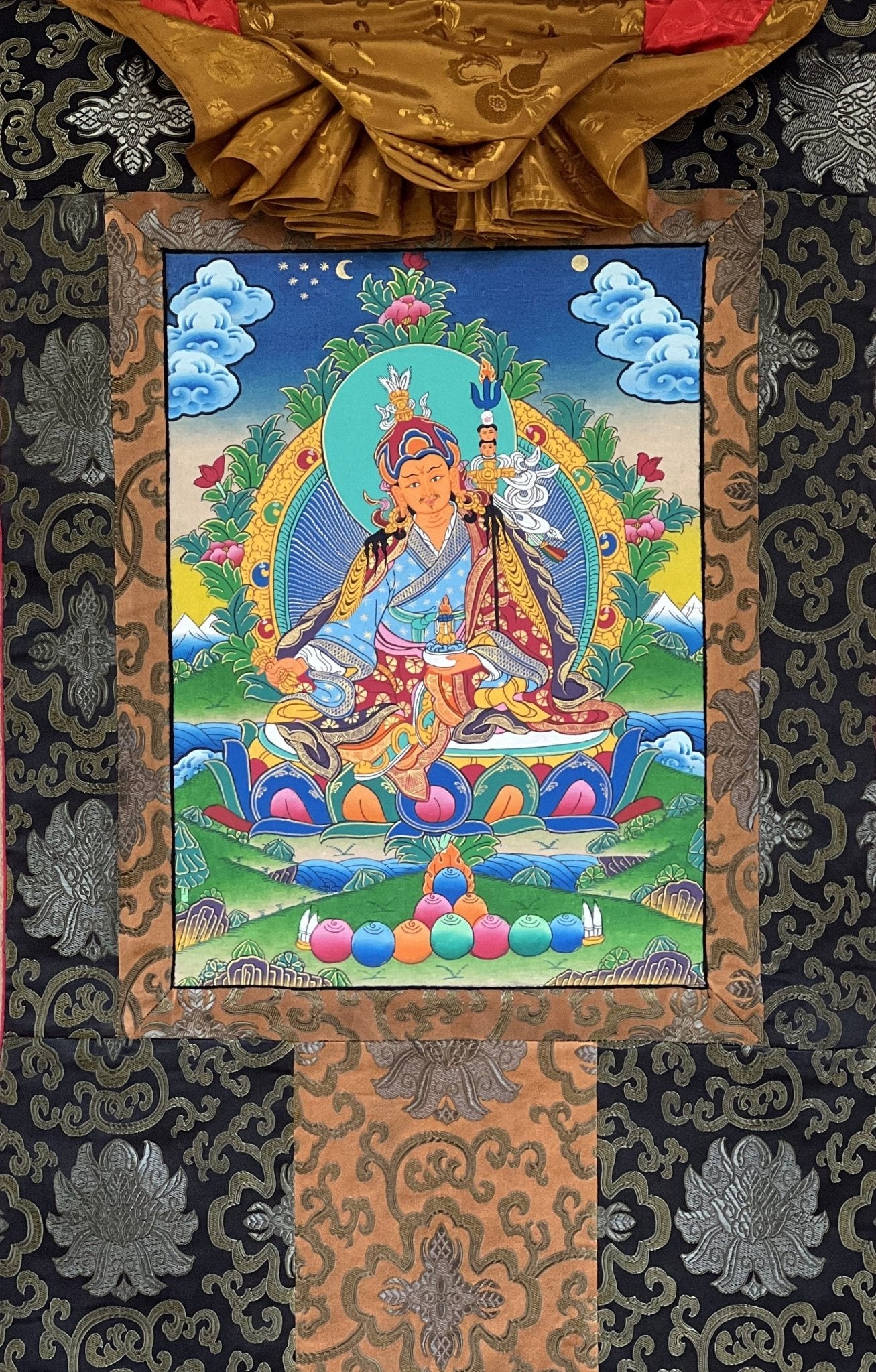 Original Hand - painted Padmasambhava Guru Rinpoche Master Quality Tibetan Thangka Painting with Silk Brocade - Tibetan Thangka Art