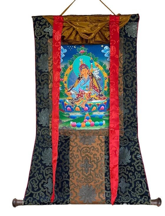 Original Hand - painted Padmasambhava Guru Rinpoche Master Quality Tibetan Thangka Painting with Silk Brocade - Tibetan Thangka Art