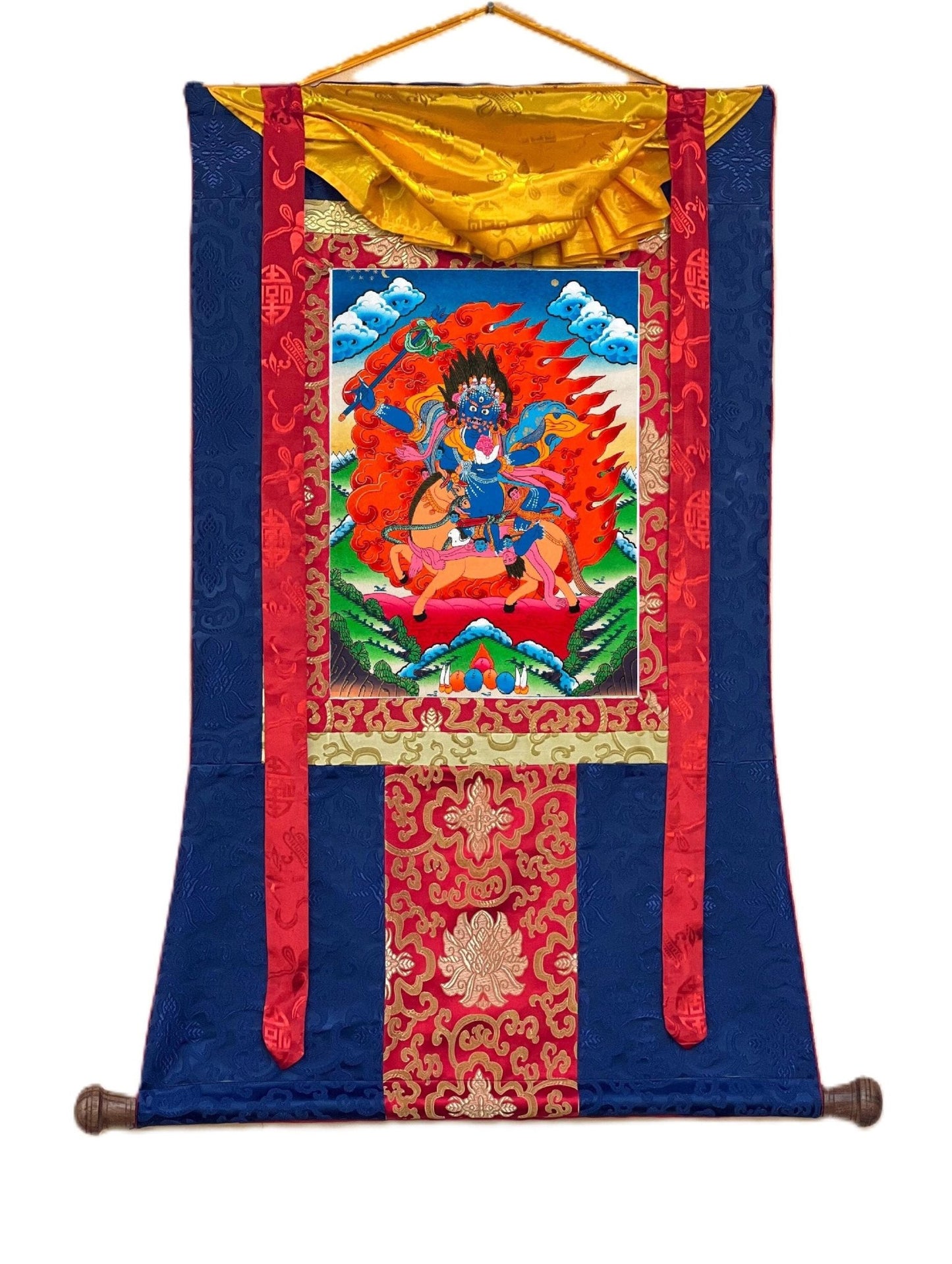 Original Hand - painted Palden Lhamo/ Sridevi Protector Deity Tibetan Compassion Mediation Thangka Painting/Wall Hanging with Silk Brocade - Tibetan Thangka Art