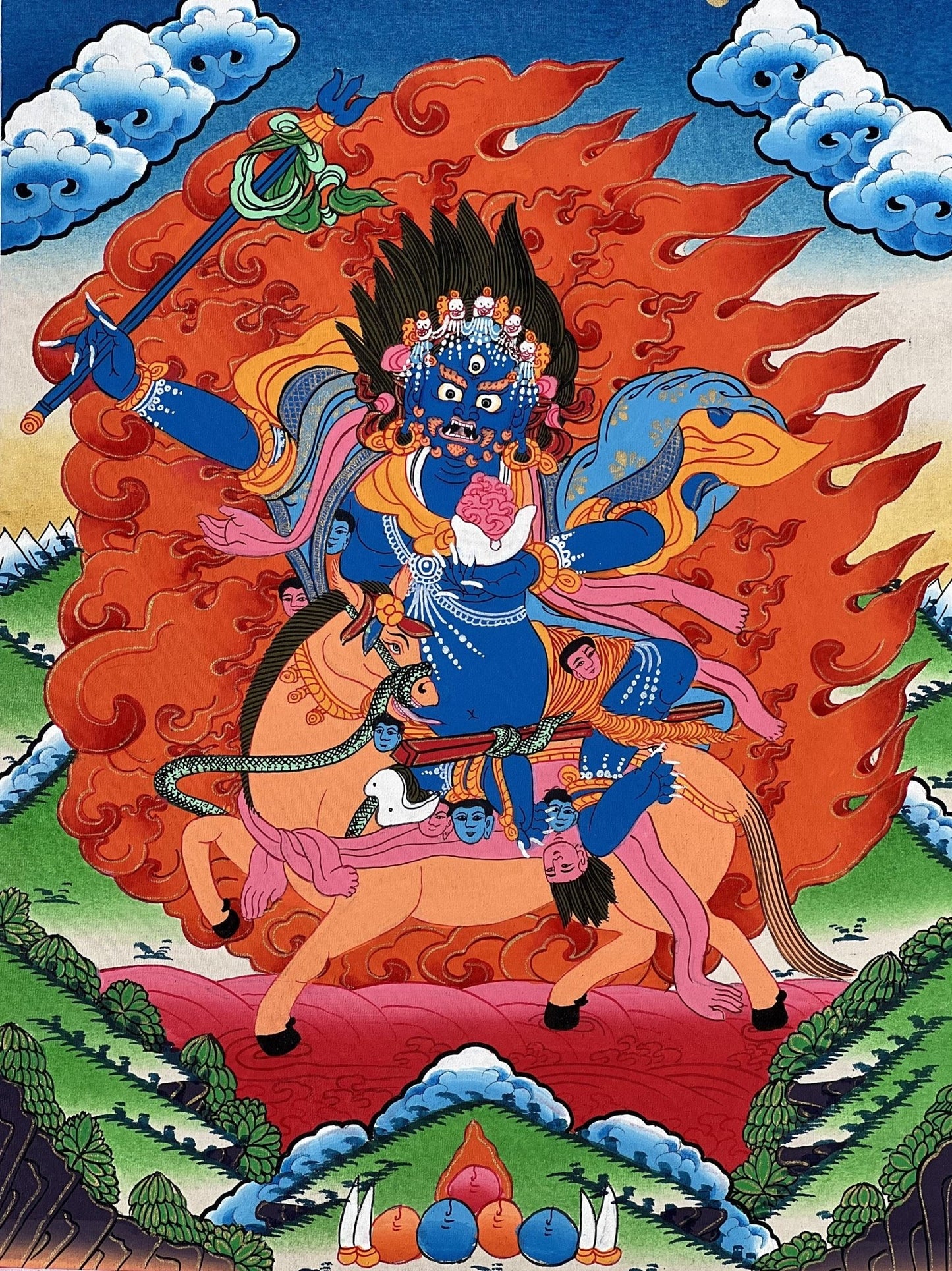 Original Hand - painted Palden Lhamo/ Sridevi Protector Deity Tibetan Compassion Mediation Thangka Painting/Wall Hanging with Silk Brocade - Tibetan Thangka Art