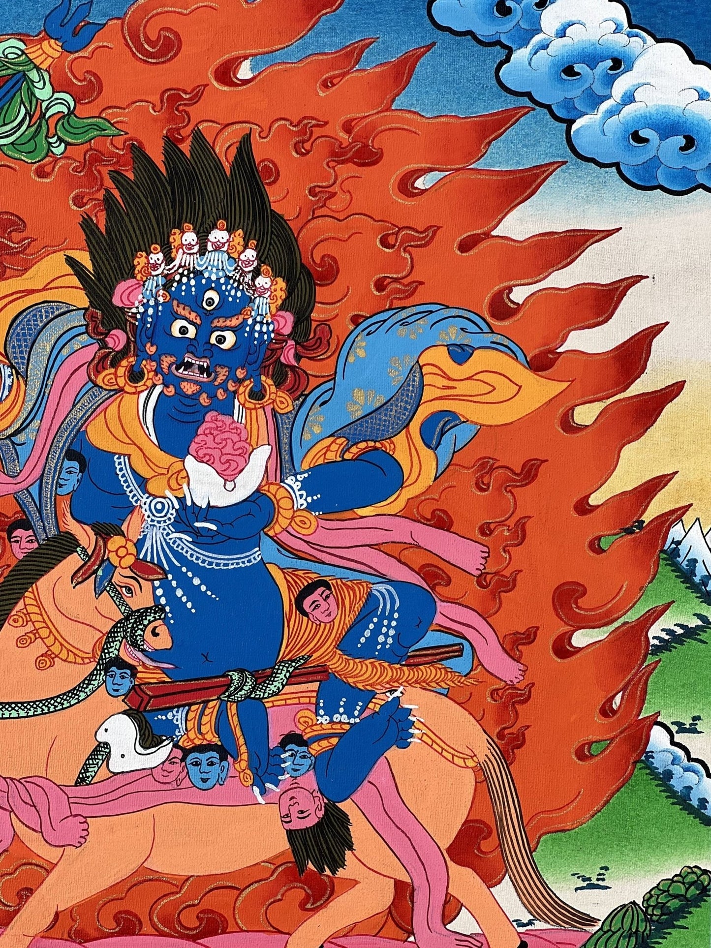 Original Hand - painted Palden Lhamo/ Sridevi Protector Deity Tibetan Compassion Mediation Thangka Painting/Wall Hanging with Silk Brocade - Tibetan Thangka Art