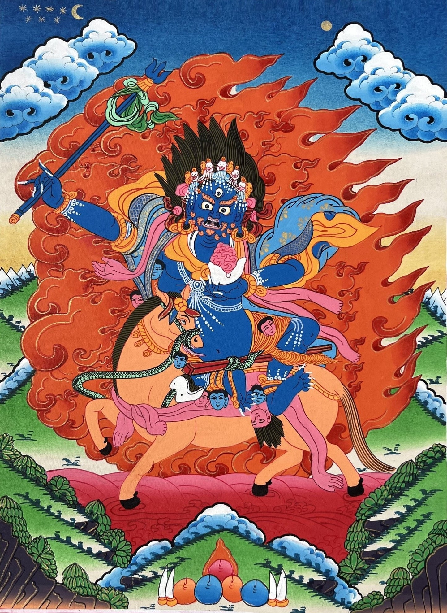 Original Hand - painted Palden Lhamo/ Sridevi Protector Deity Tibetan Compassion Mediation Thangka Painting/Wall Hanging with Silk Brocade - Tibetan Thangka Art