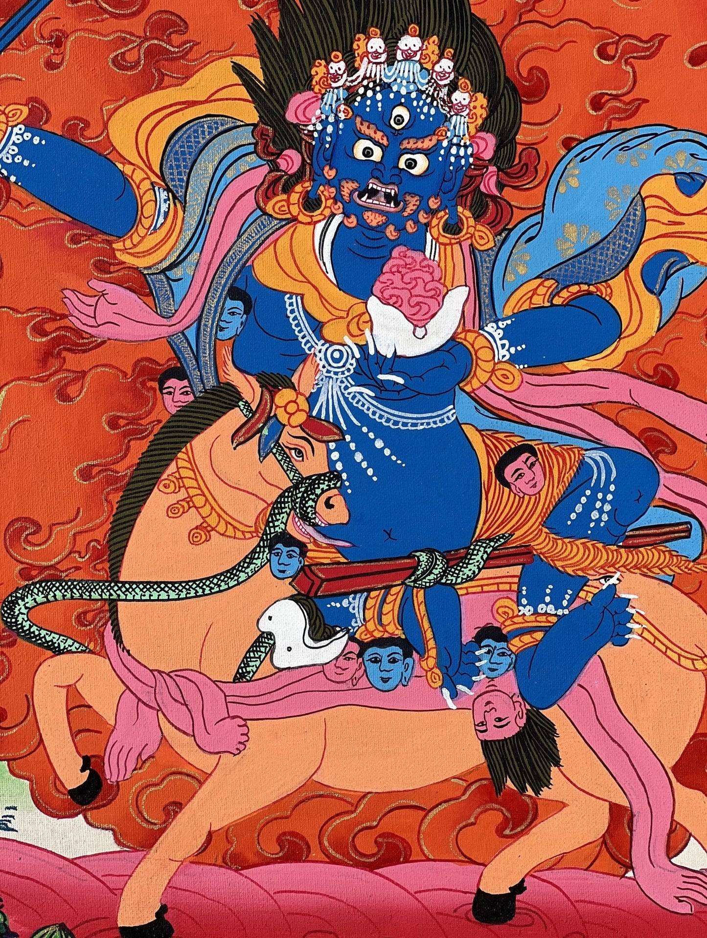 Original Hand - painted Palden Lhamo/ Sridevi Protector Deity Tibetan Compassion Mediation Thangka Painting/Wall Hanging with Silk Brocade - Tibetan Thangka Art