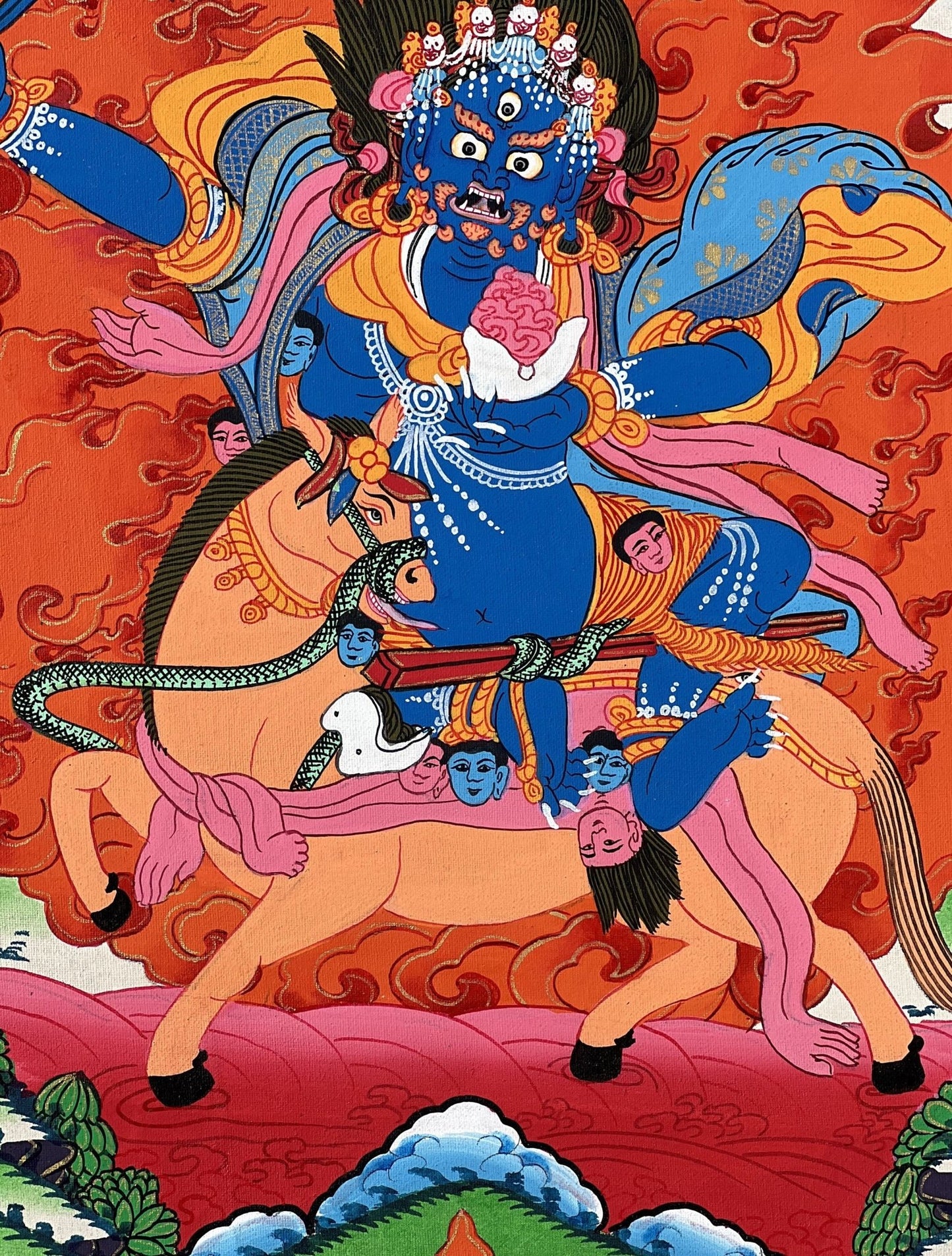 Original Hand - painted Palden Lhamo/ Sridevi Protector Deity Tibetan Compassion Mediation Thangka Painting/Wall Hanging with Silk Brocade - Tibetan Thangka Art