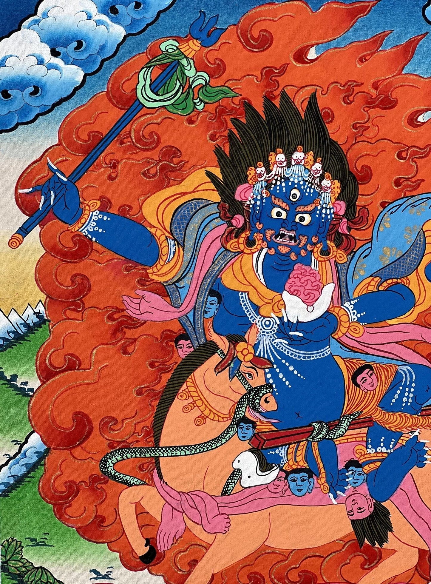 Original Hand - painted Palden Lhamo/ Sridevi Protector Deity Tibetan Compassion Mediation Thangka Painting/Wall Hanging with Silk Brocade - Tibetan Thangka Art